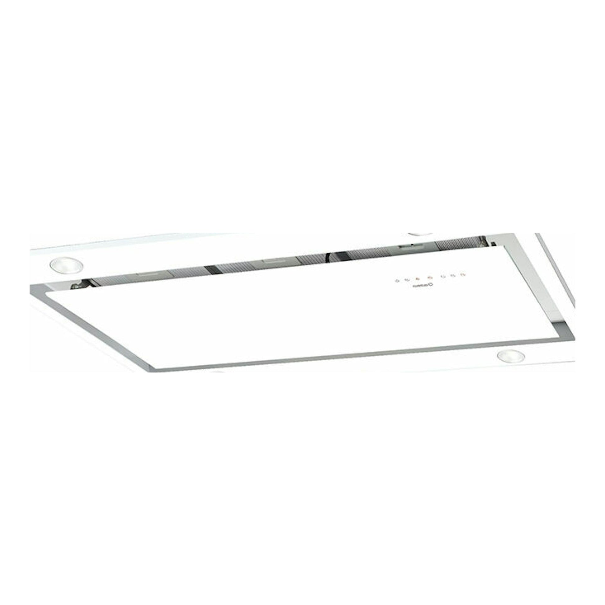 Campana de techo Cata Sirin 1000 Glass WH blanca, vista inferior en ángulo, con panel de vidrio.