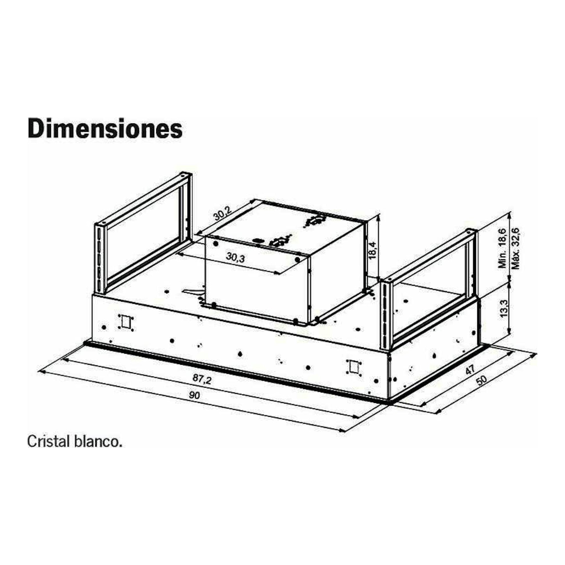 Esquema de dimensiones de la campana de techo Mepamsa Cielo 90, en cristal blanco, vista isométrica.