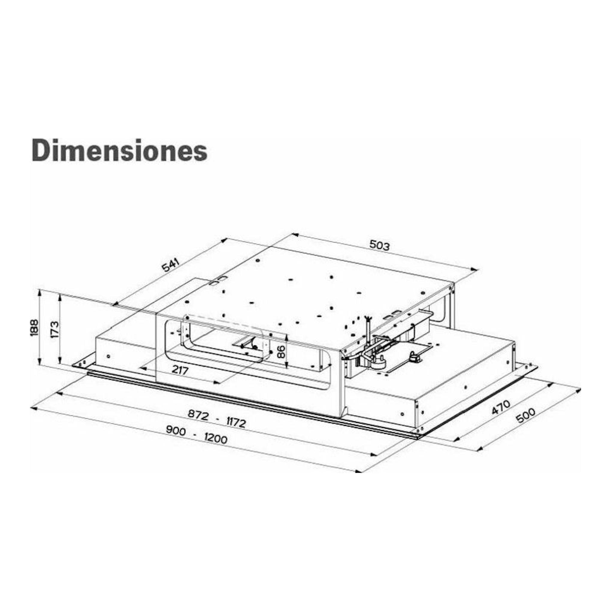 Mepamsa Cielo Slim 90 Inox, plano técnico con medidas de una campana de techo en vista isométrica.