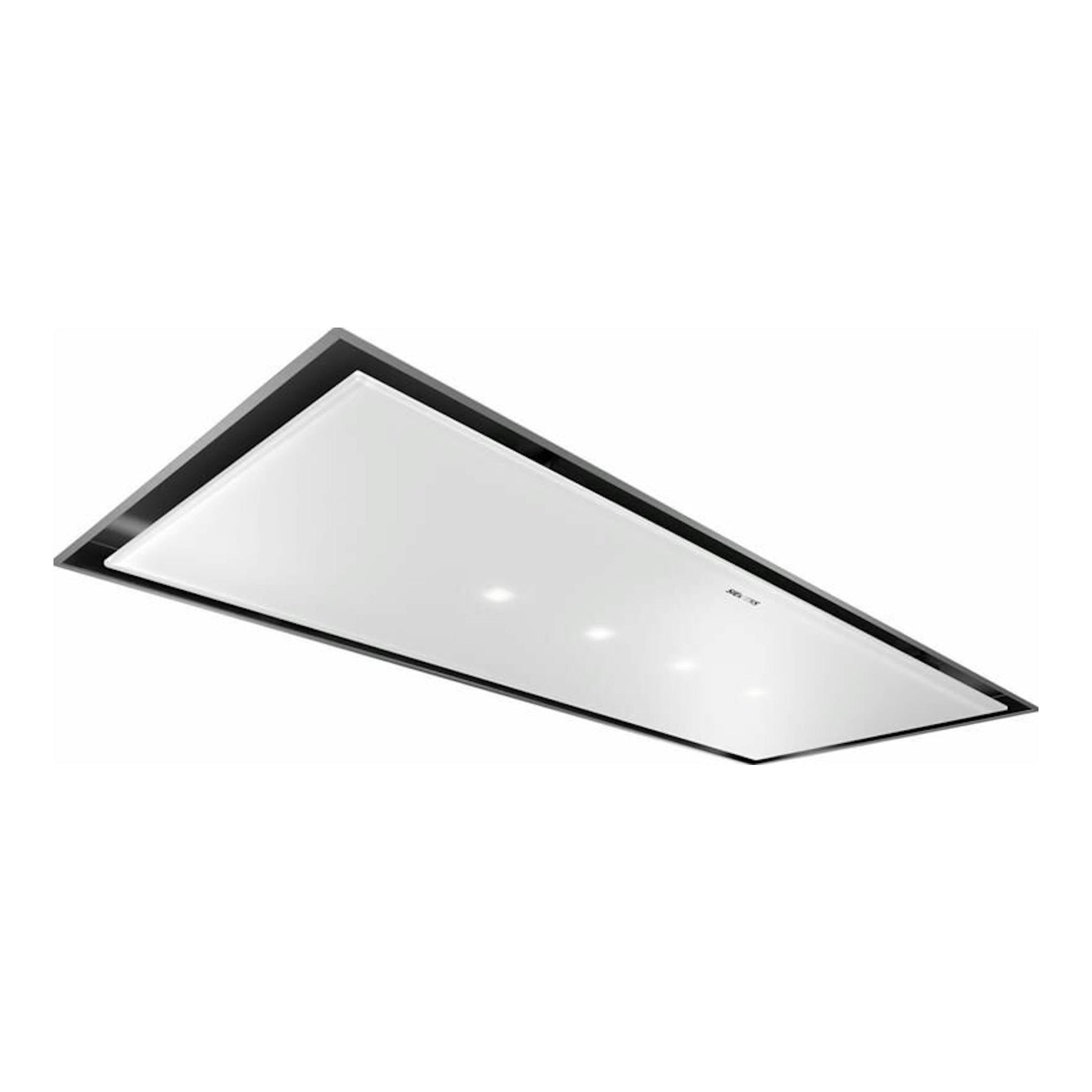Campana de techo Siemens LR26CBS20 blanca, vista inferior en ángulo, rectangular con borde negro.