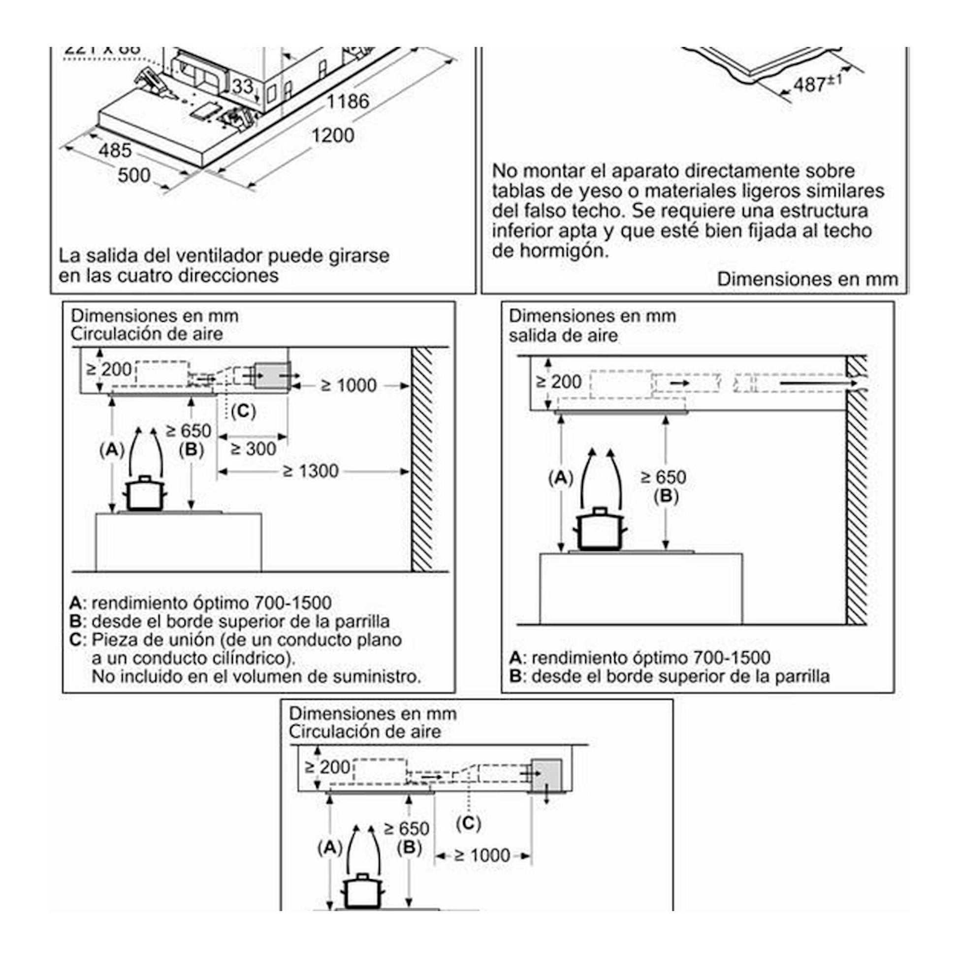 Diagrama técnico de instalación de campana de techo Siemens LR26CBS20 blanca, con medidas y flujo de aire.