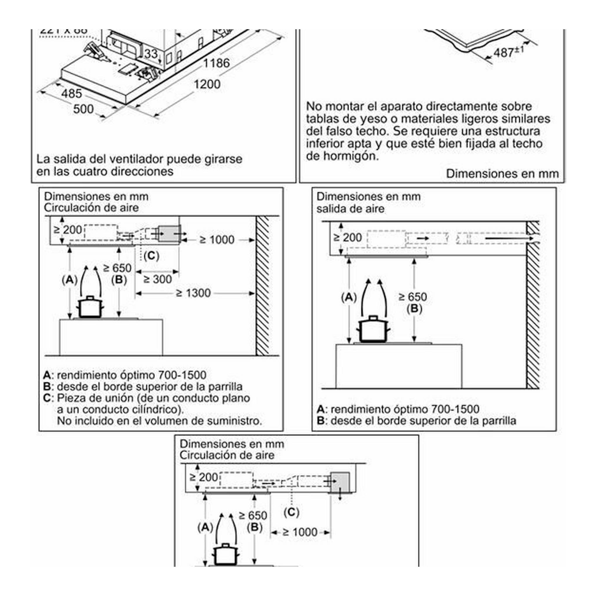Diagrama técnico de instalación de campana de techo Siemens LR26CBS20 blanca, con medidas y flujo de aire.