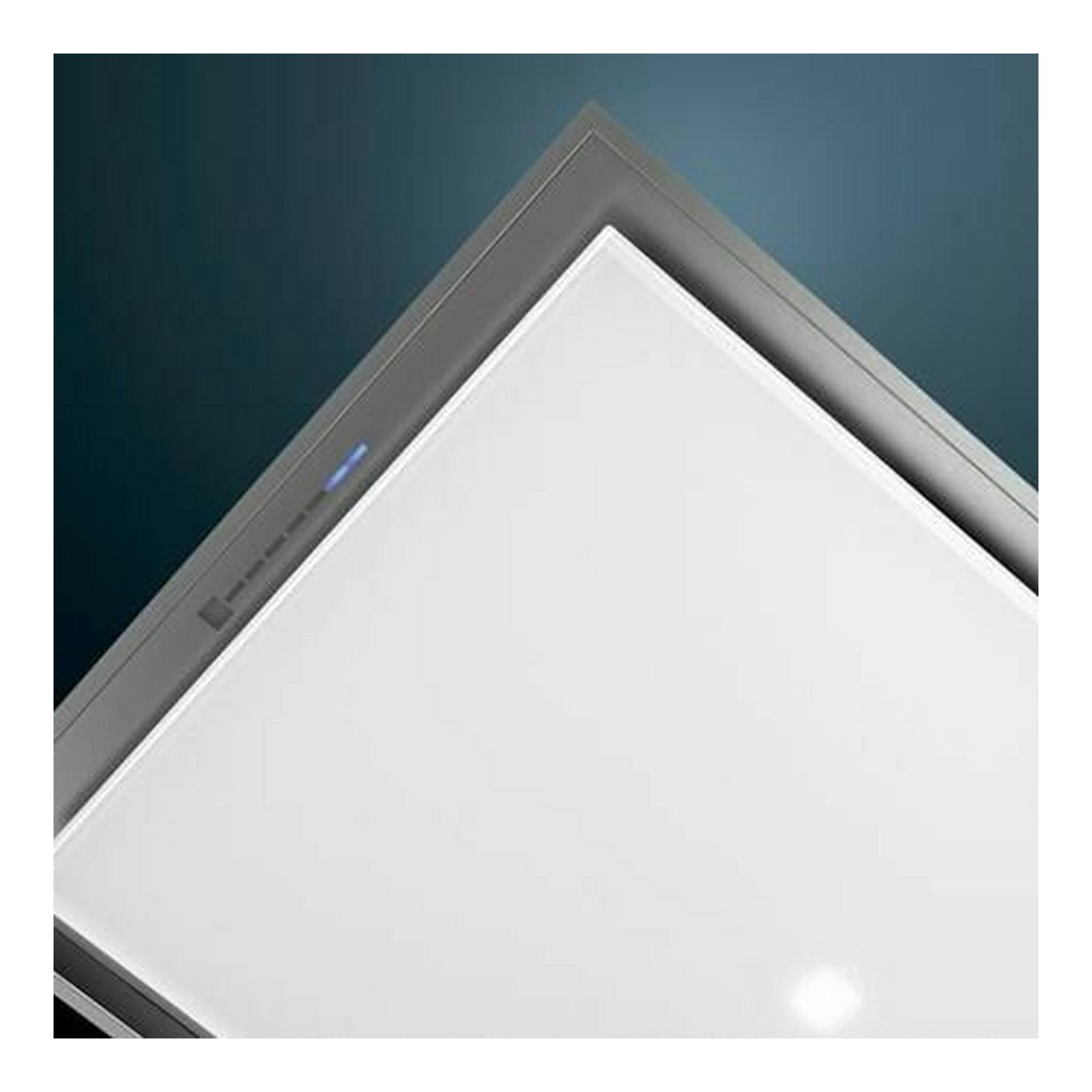 Campana de techo Siemens LR26CBS20 blanca, vista en ángulo, panel cuadrado blanco con marco gris.
