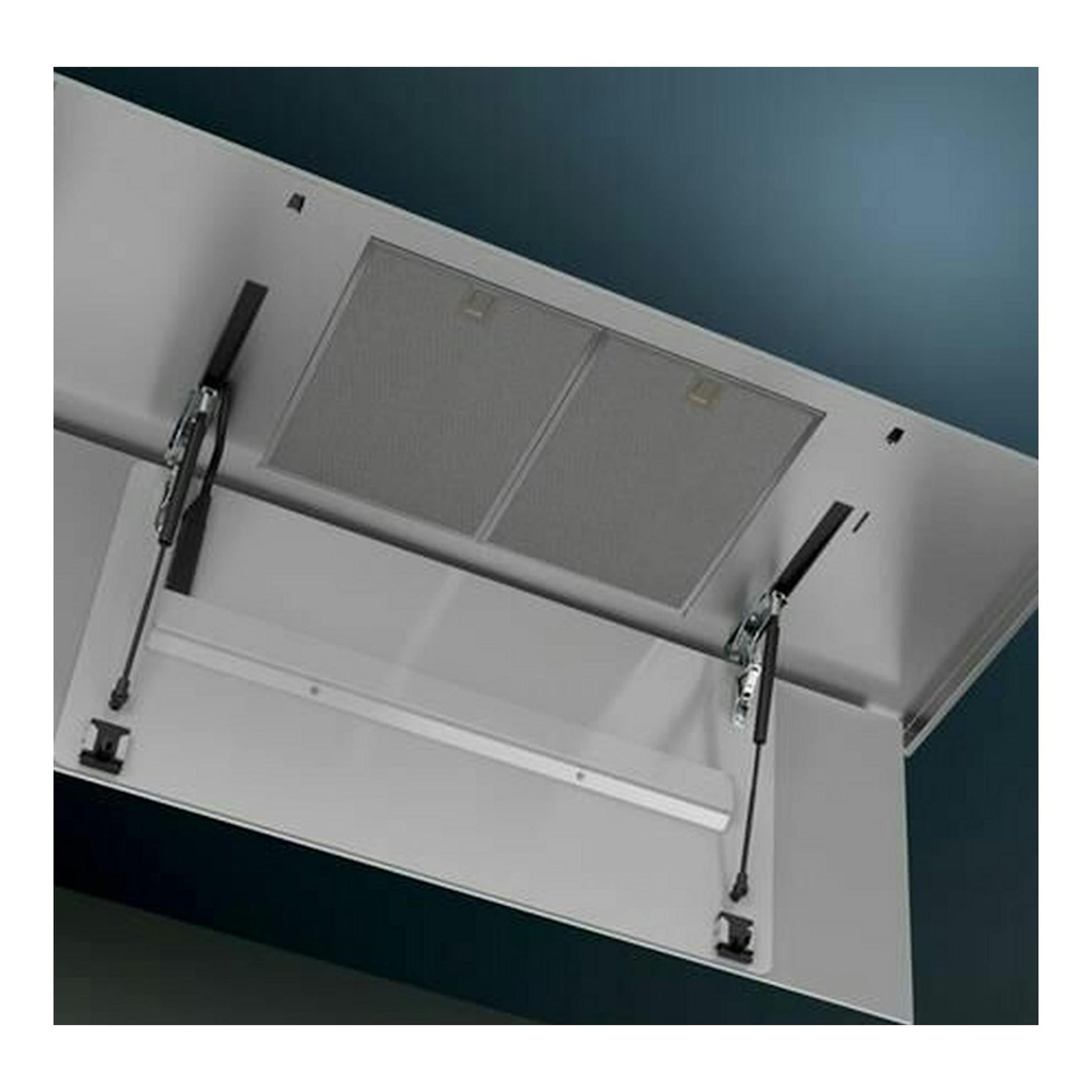 Campana de techo Siemens LR26CBS20 blanca, vista inferior con filtros y panel abatido.