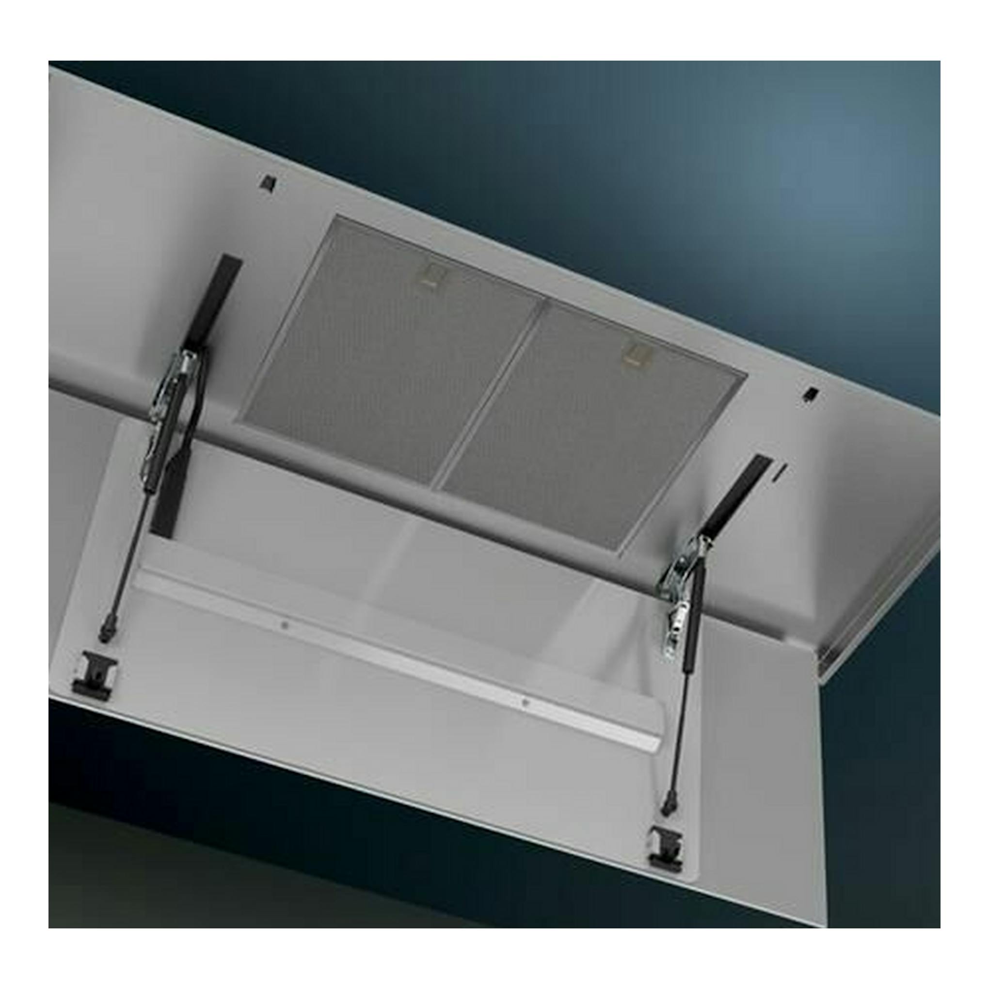 Campana de techo Siemens LR26CBS20 blanca, vista inferior con filtros y panel abatido.