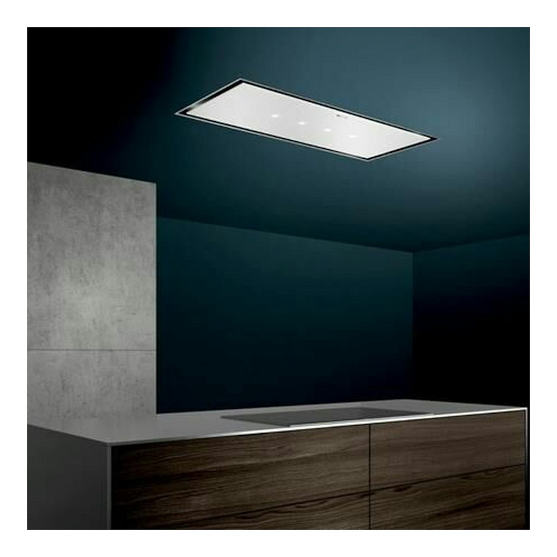 Campana de techo Siemens LR26CBS20 blanca, panel rectangular empotrado sobre isla de cocina.