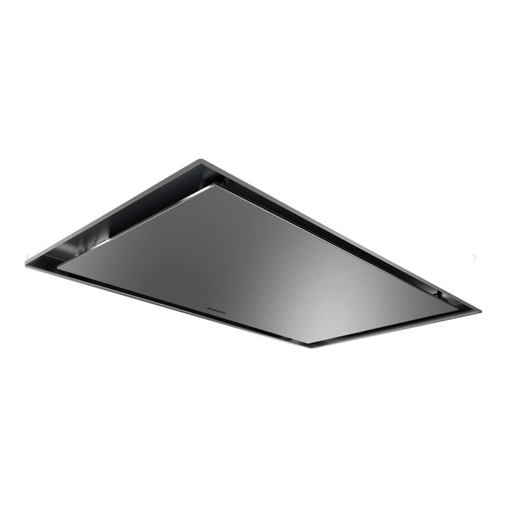 Siemens LR97CAQ50, campana de techo inox de 90 cm, vista inferior en ángulo, rectangular.