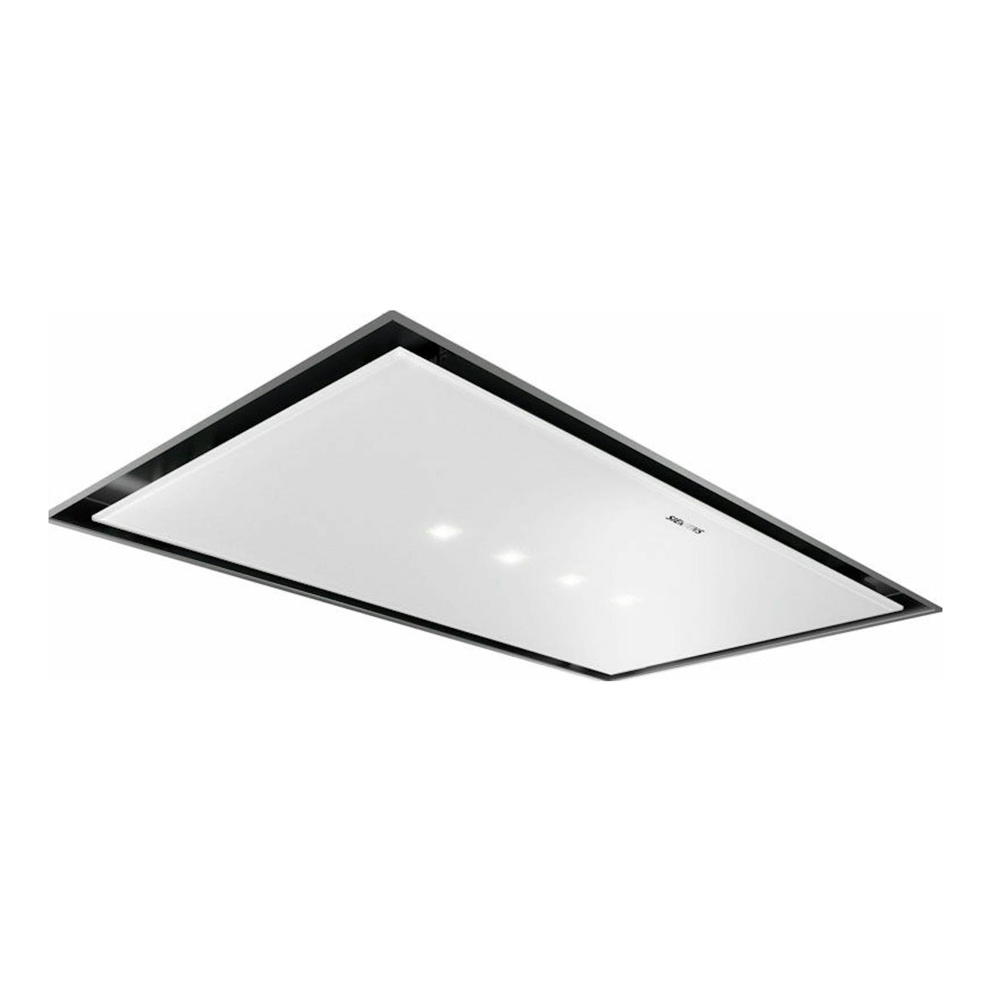 Campana de techo Siemens LR97CBS20 blanca, vista inferior en perspectiva, rectangular con marco negro.