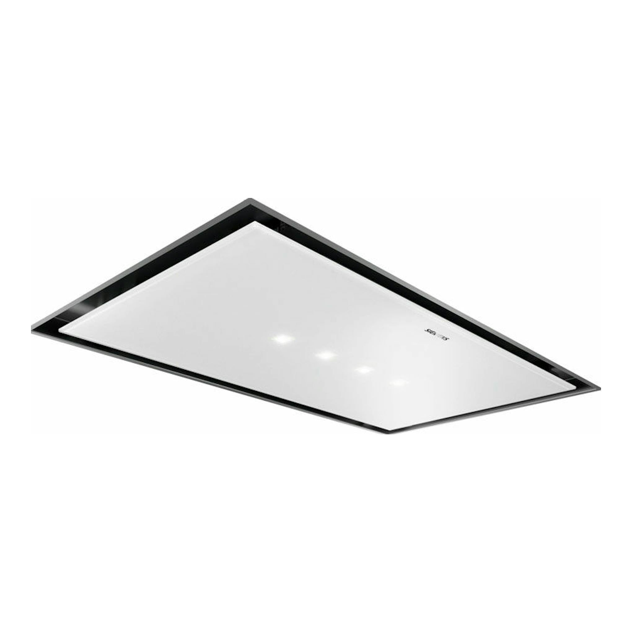Campana de techo Siemens LR97CBS20 blanca, vista inferior en perspectiva, rectangular con marco negro.