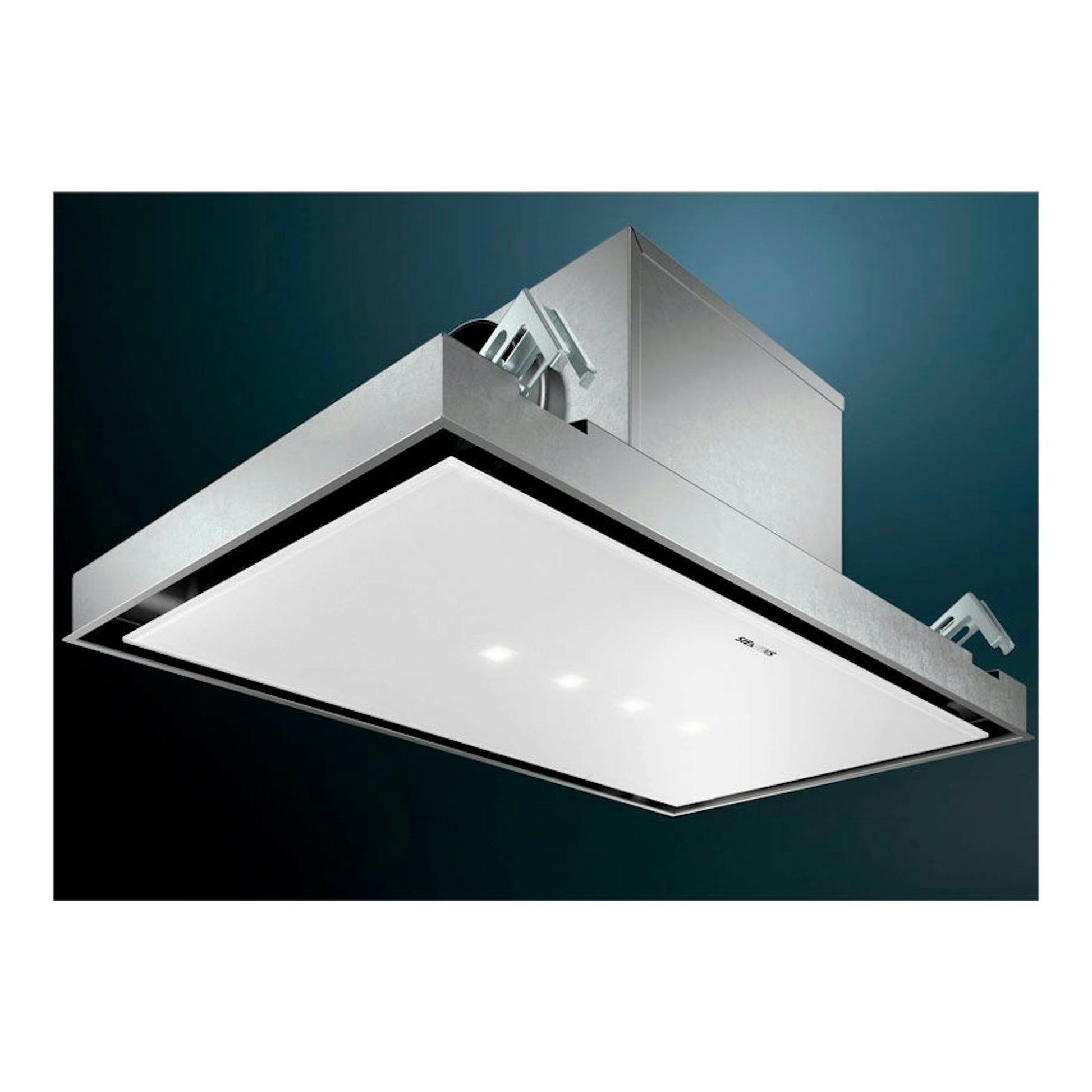 Campana de techo Siemens LR97CBS20, acero inoxidable y panel blanco, vista inferior en perspectiva.