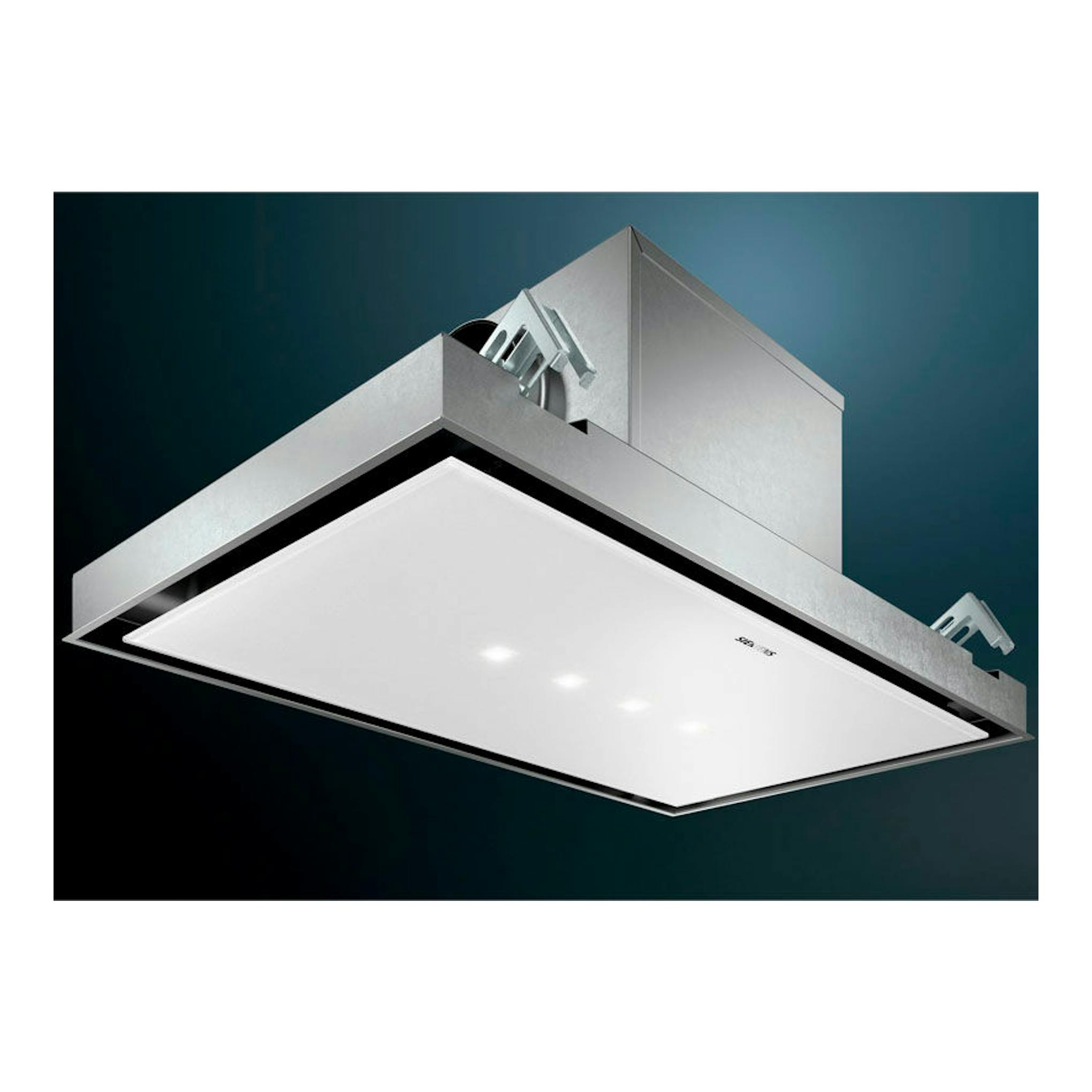 Campana de techo Siemens LR97CBS20, acero inoxidable y panel blanco, vista inferior en perspectiva.