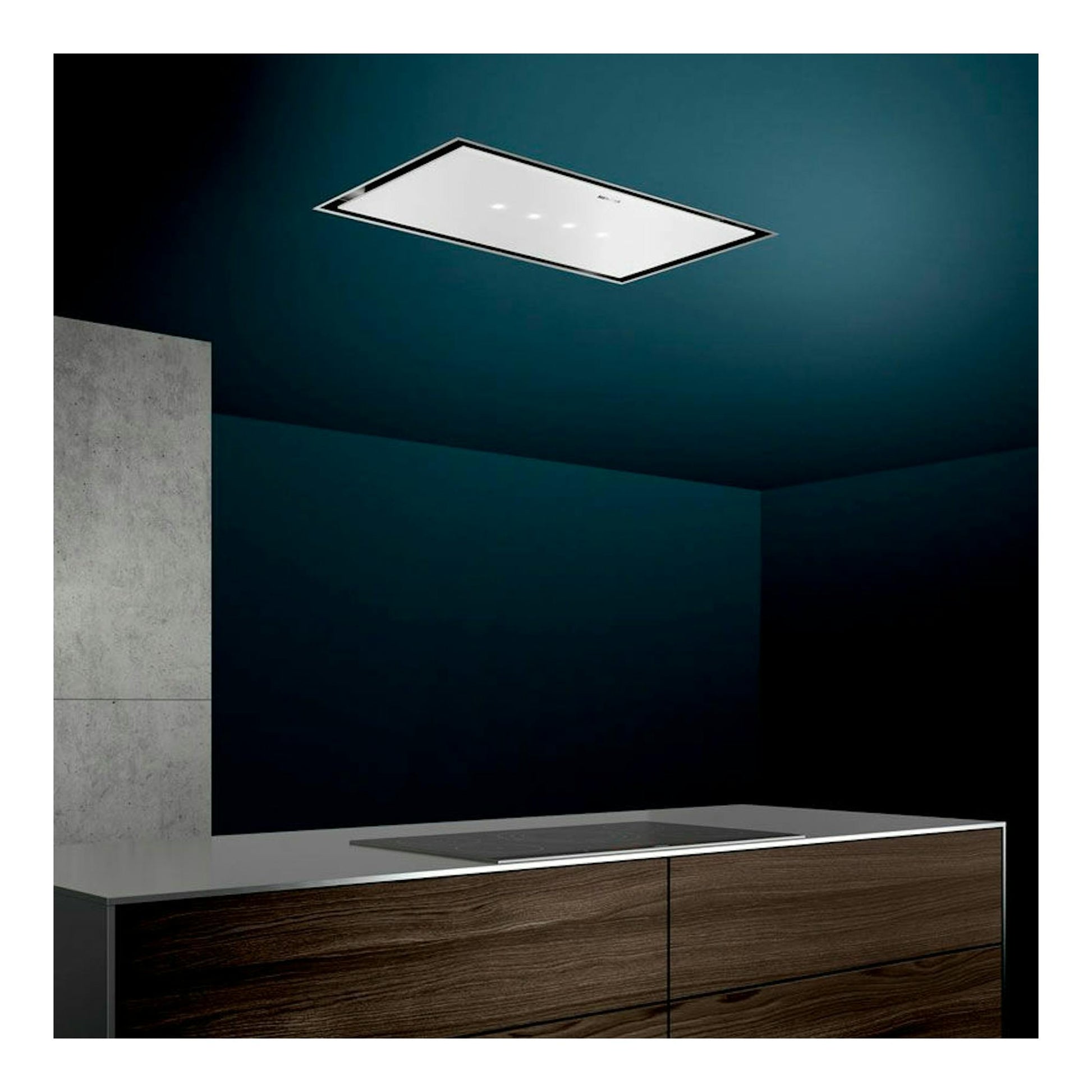 Campana de techo Siemens LR97CBS20 blanca, vista en ángulo sobre una cocina moderna.