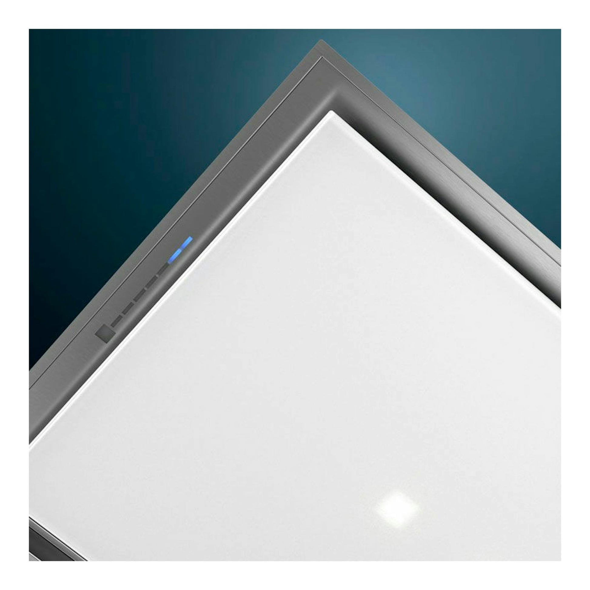 Campana de techo Siemens LR97CBS20 blanca, vista en diagonal, panel blanco con marco gris.