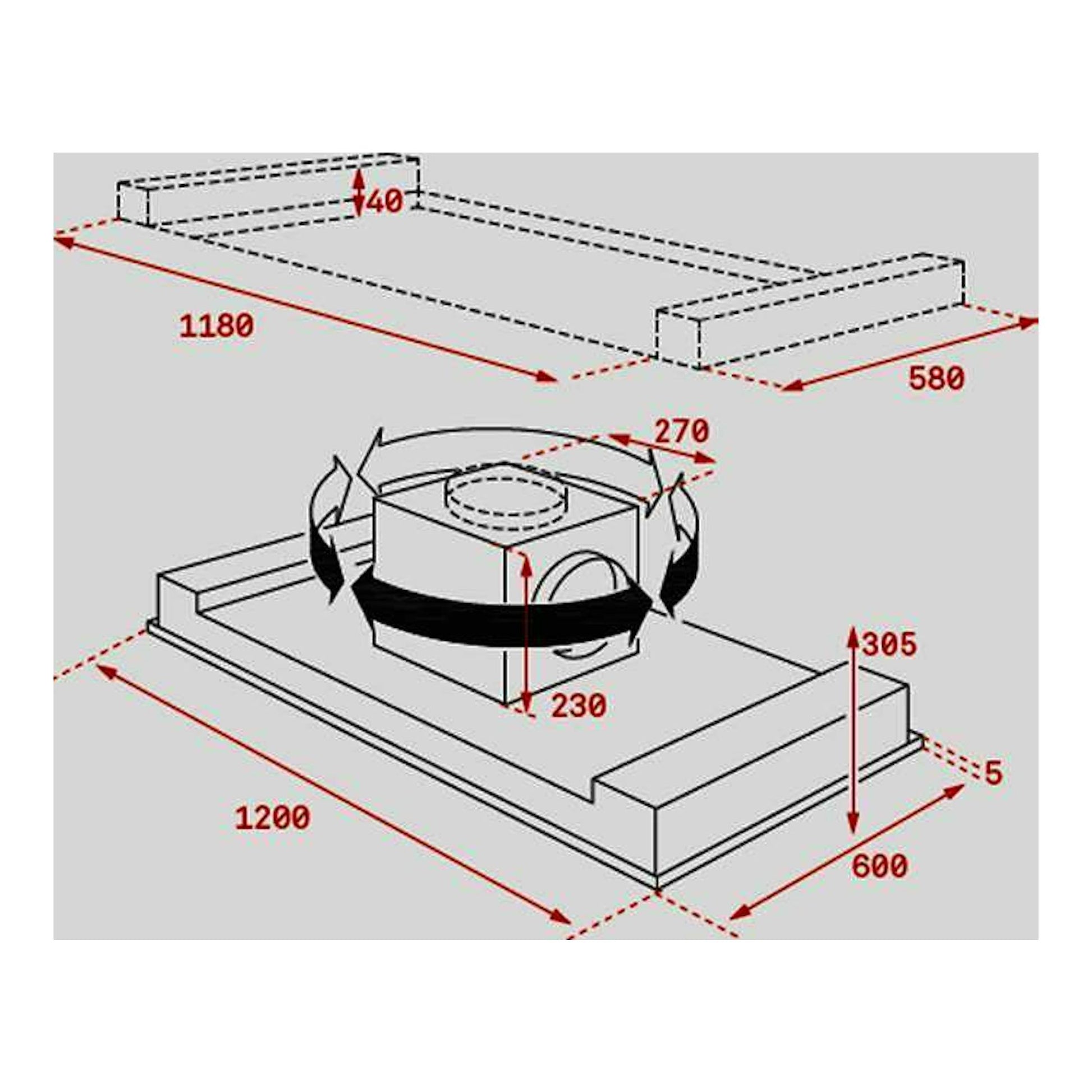 Teka DHT1285 Inox, esquema técnico de campana de techo en perspectiva con medidas.