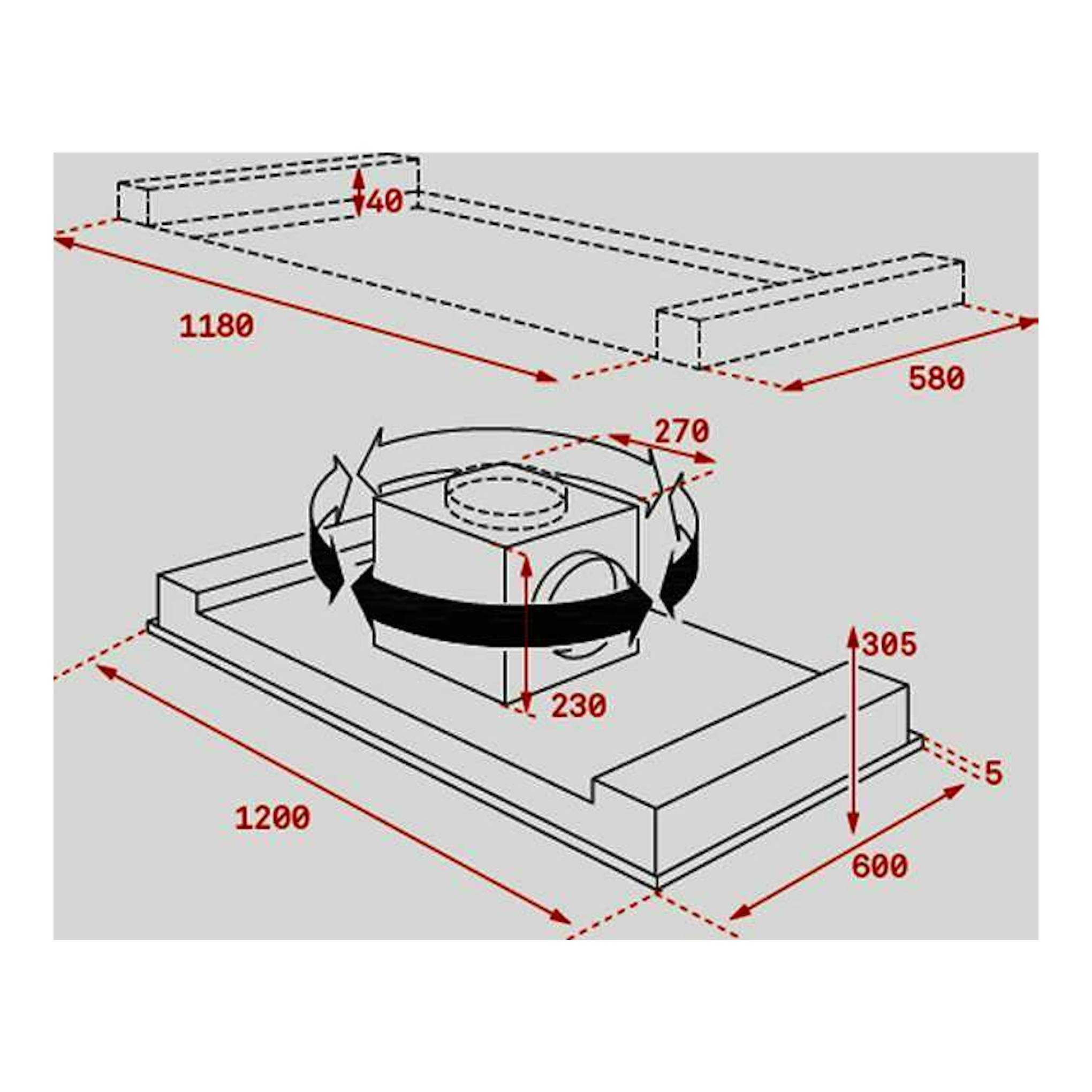 Teka DHT1285 Inox, esquema técnico de campana de techo en perspectiva con medidas.