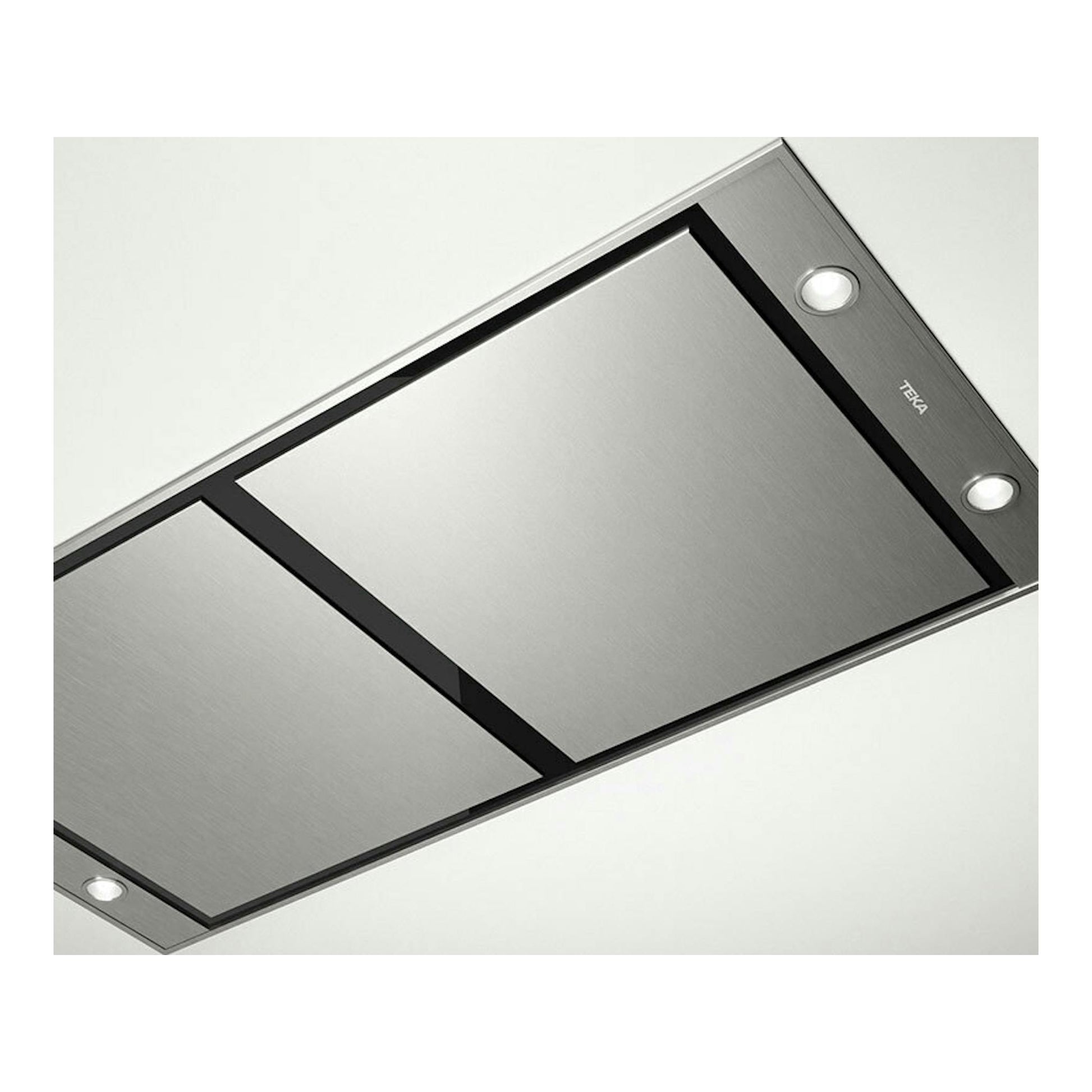 Campana de techo Teka DHT1285 Inox en acero inoxidable, vista en ángulo diagonal con dos luces.