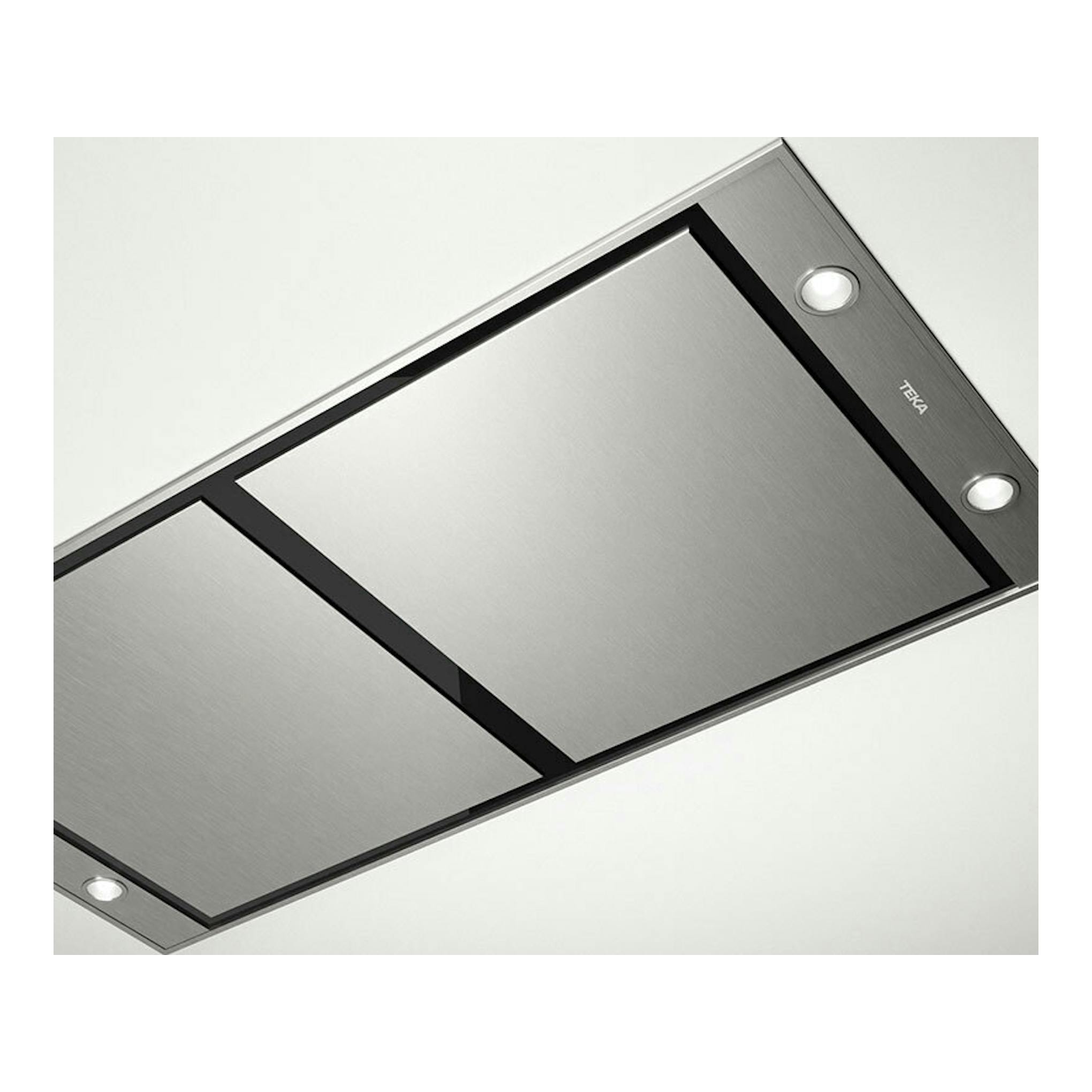 Campana de techo Teka DHT1285 Inox en acero inoxidable, vista en ángulo diagonal con dos luces.