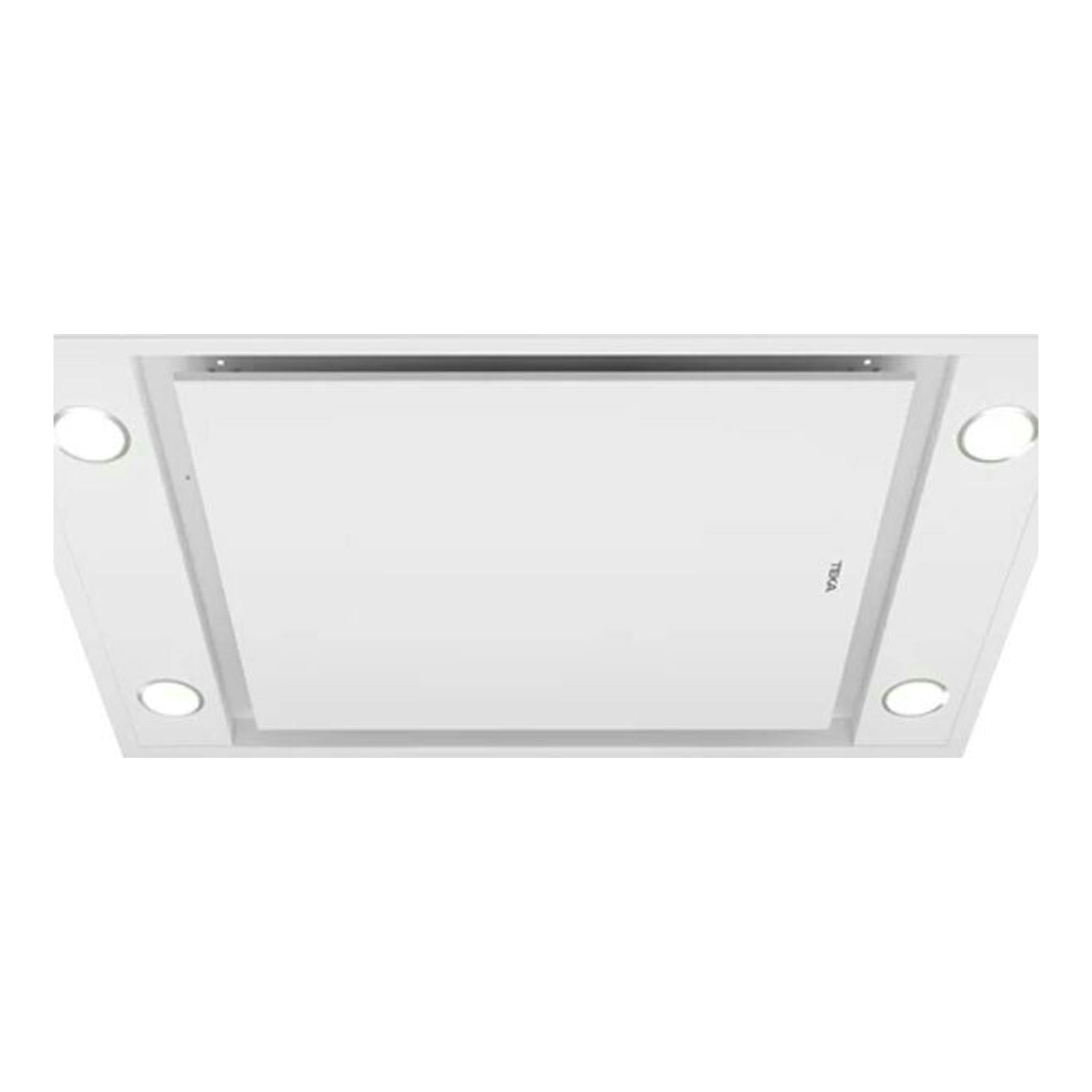 Campana de techo Teka DHT96340 blanca, vista inferior, cuadrada, con cuatro focos.