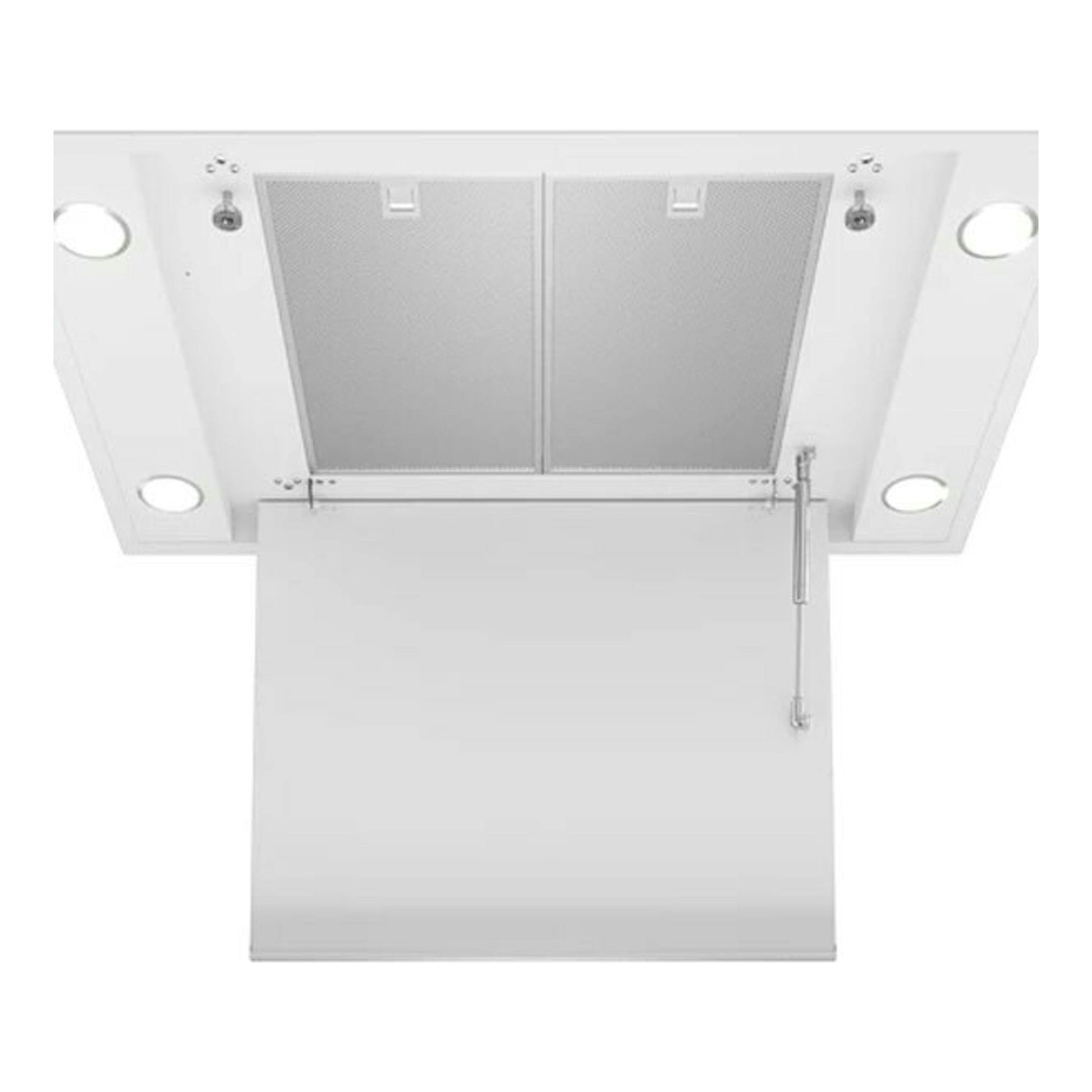 Campana de techo Teka DHT96340 blanca, vista inferior, con filtros metálicos y panel abatible.