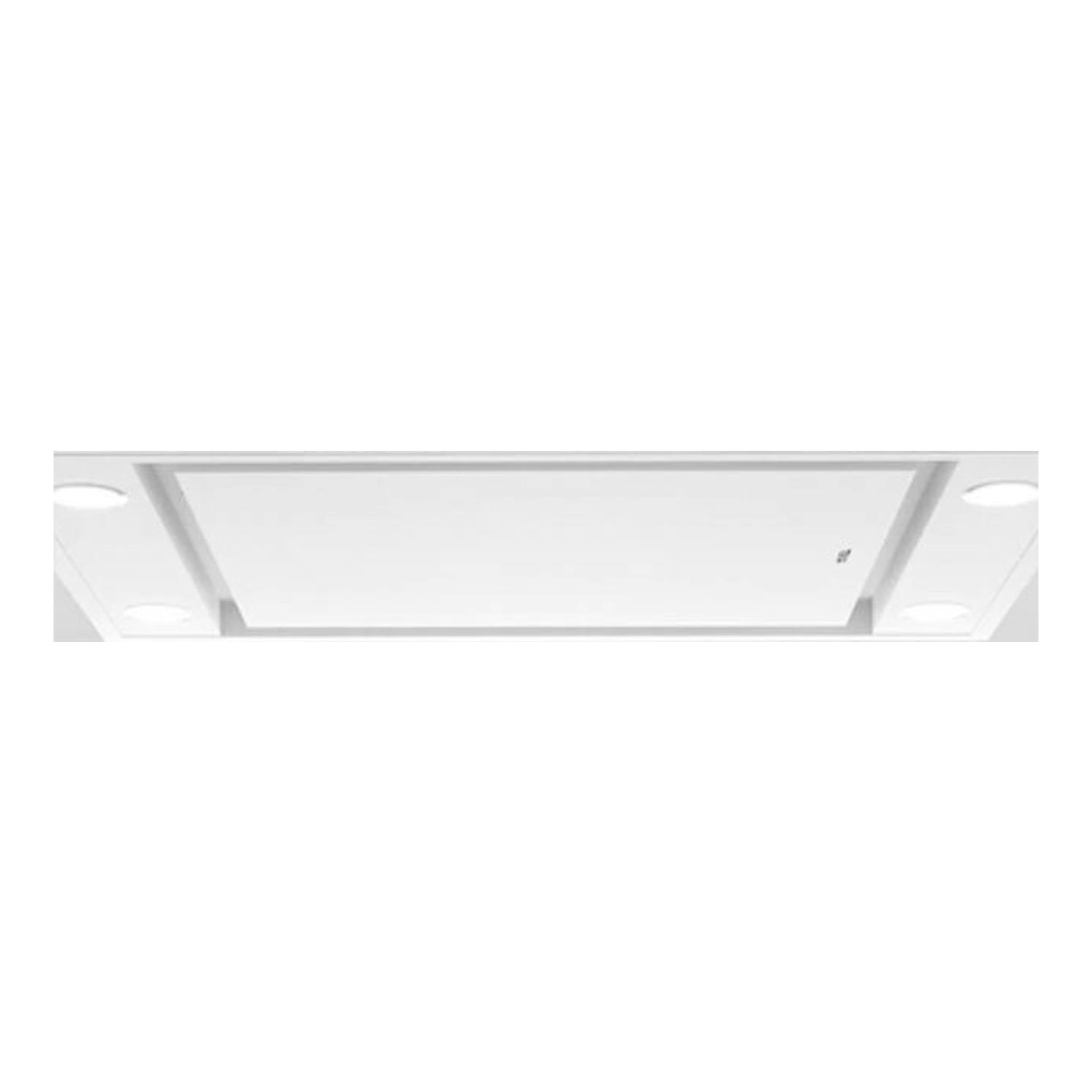Campana de techo Teka DHT96340 blanca, vista inferior, empotrada en el techo con cuatro luces.