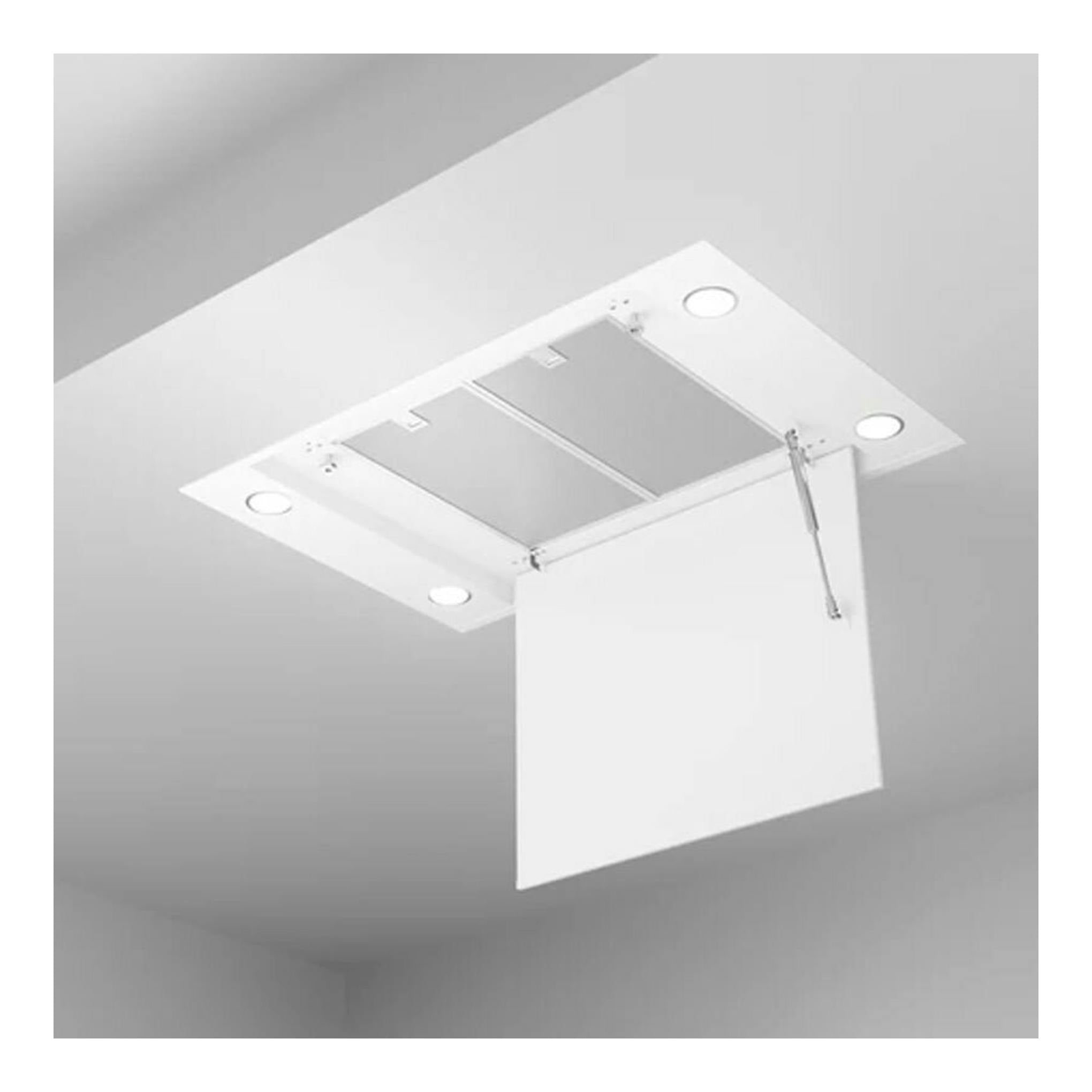 Campana de techo Teka DHT96340 blanca, vista inferior con panel abatible abierto.