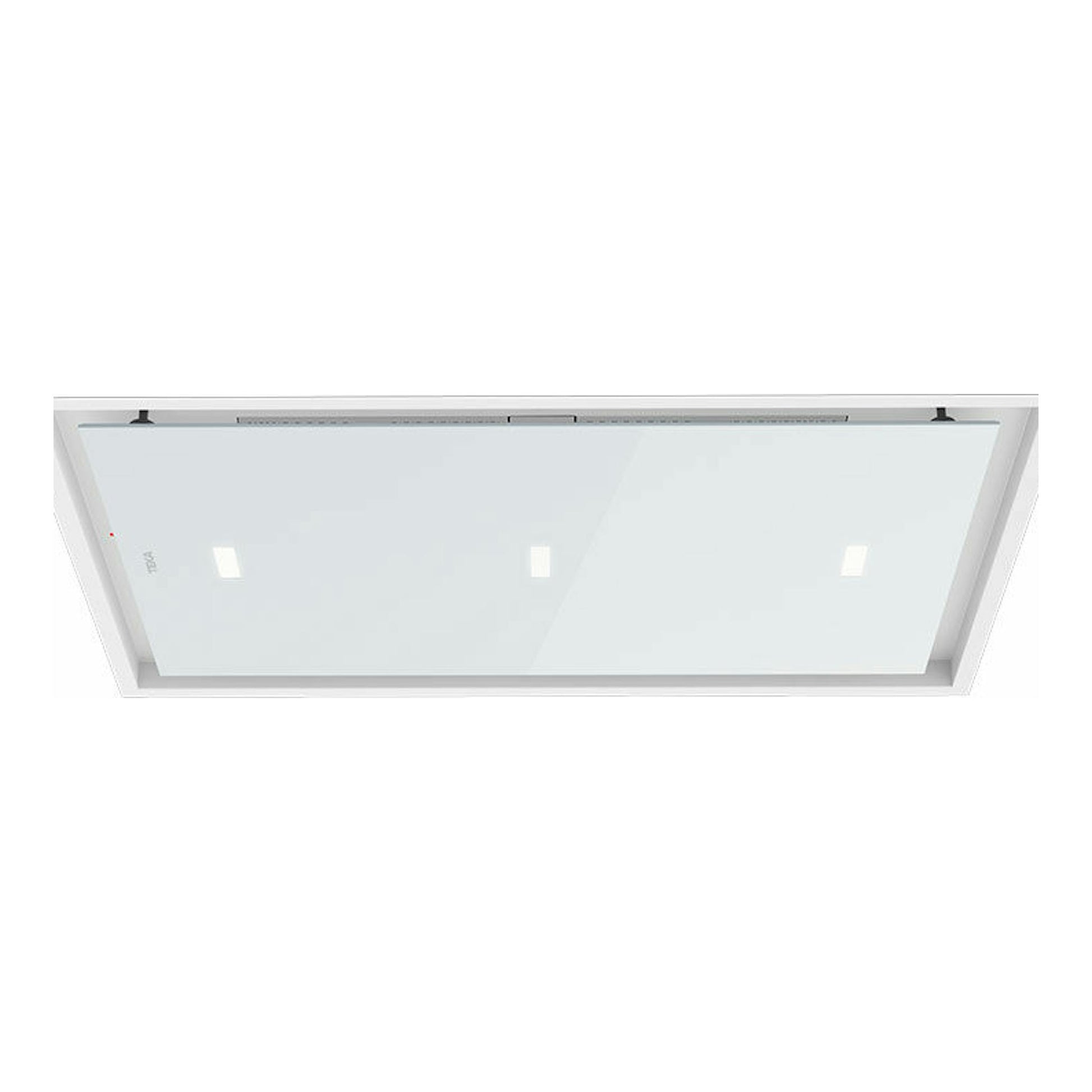 Campana de techo Teka DHT97670ROSWH blanca, vista inferior rectangular con panel de vidrio.