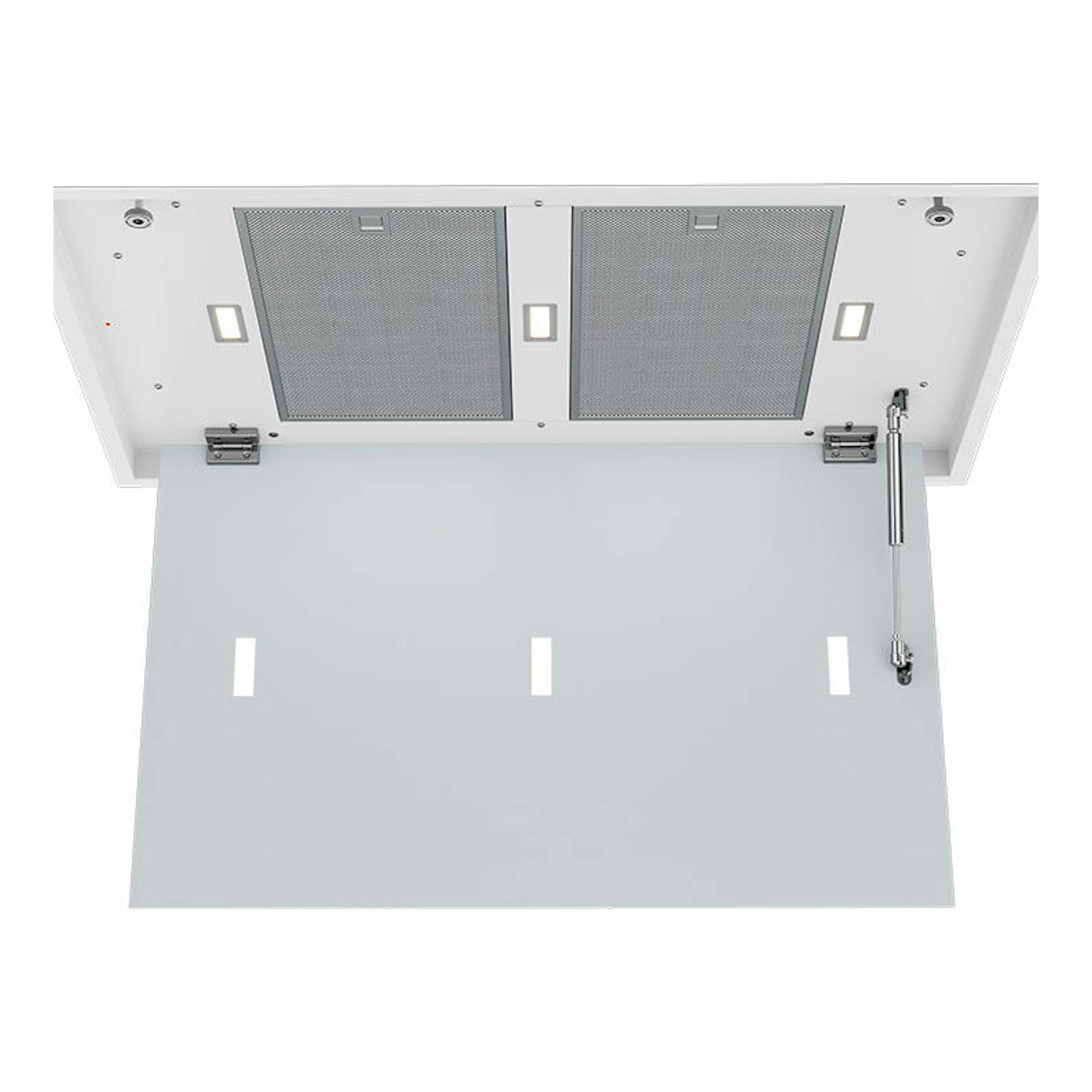 Campana de techo Teka DHT97670ROSWH blanca, vista inferior con panel abatible abierto y dos filtros metálicos.