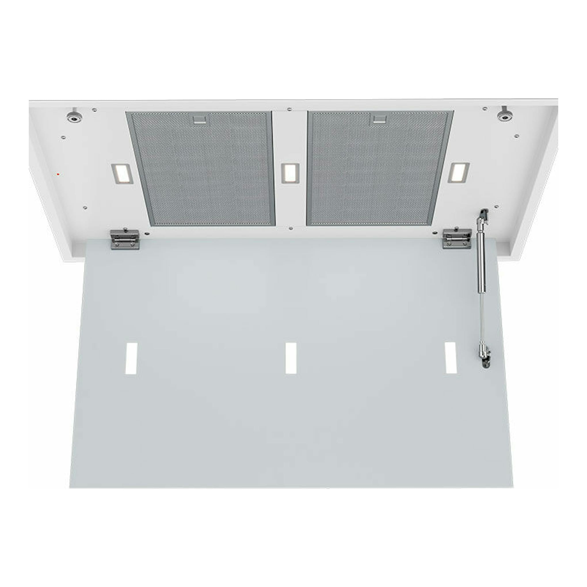 Campana de techo Teka DHT97670ROSWH blanca, vista inferior con panel abatible abierto y dos filtros metálicos.