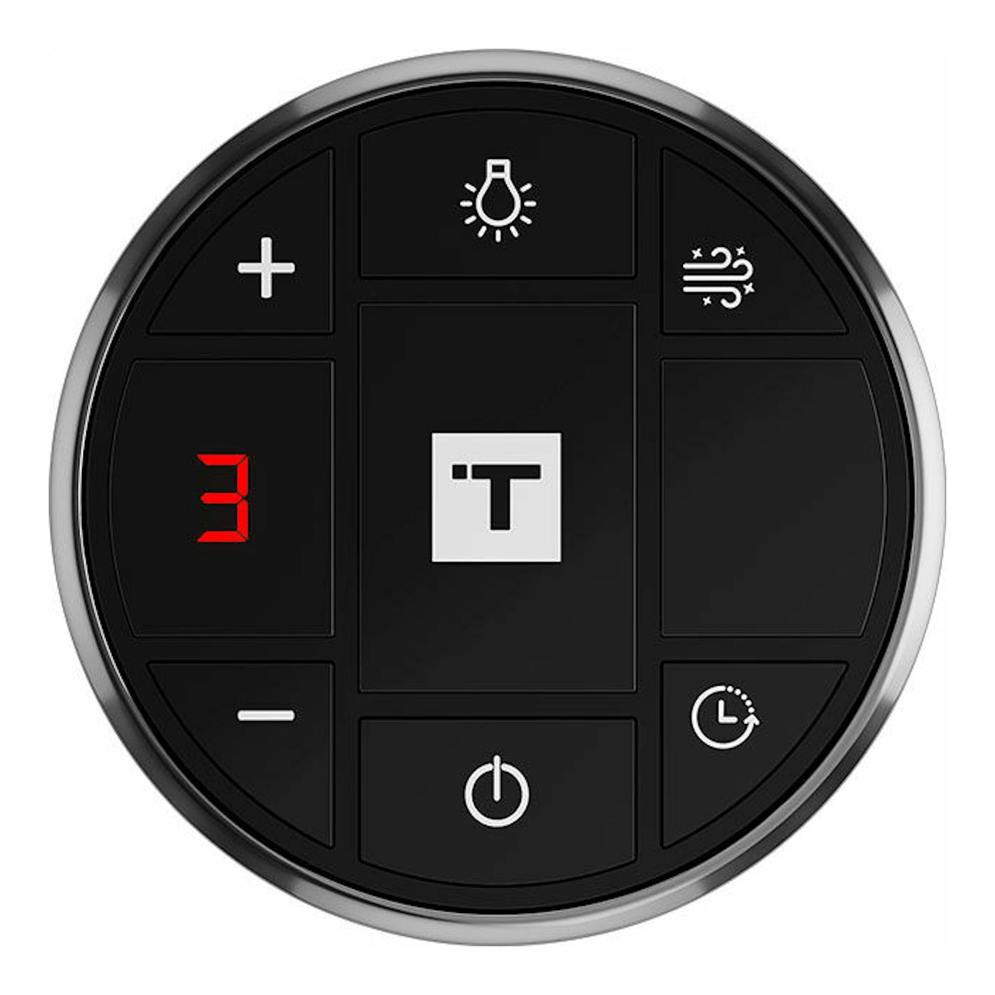 Vista frontal del panel de control circular negro de la campana Teka DHT97670ROSWH, con pantalla roja.