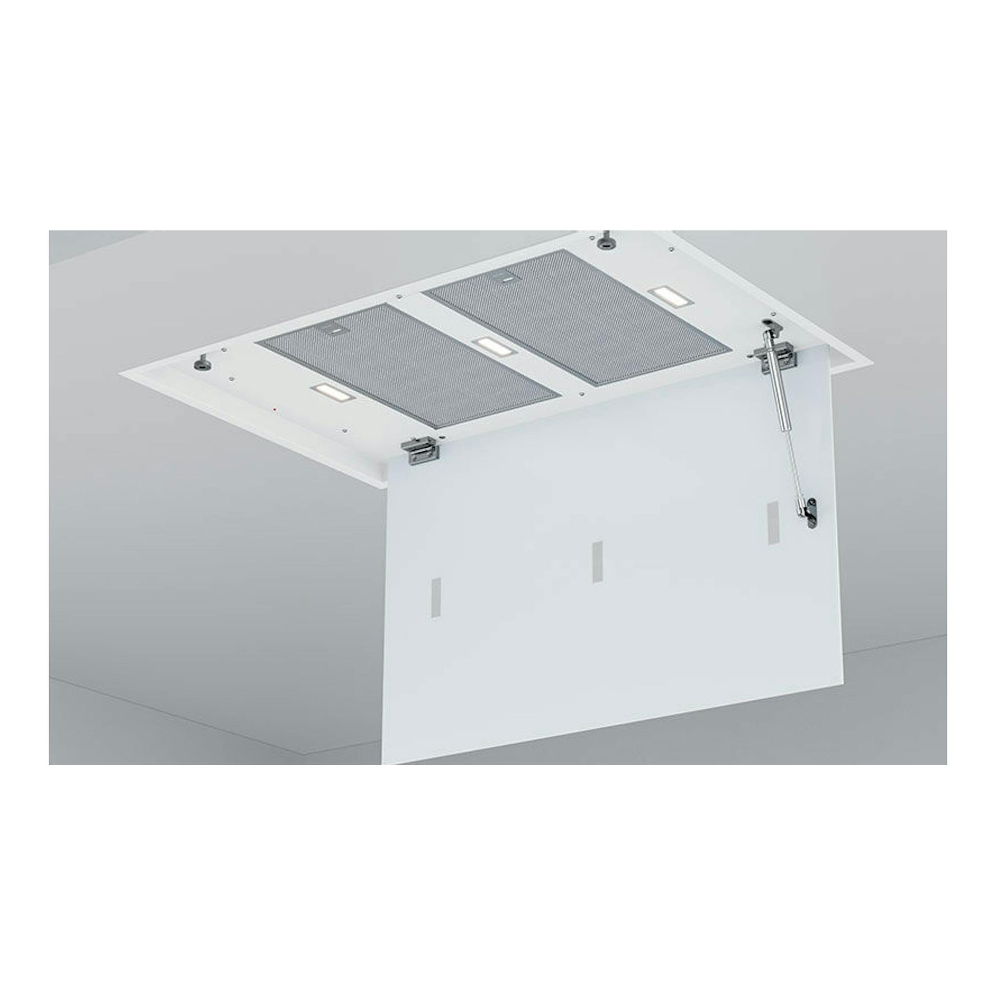 Campana de techo Teka DHT97670ROSWH blanca, vista inferior con panel abatido y filtros metálicos.