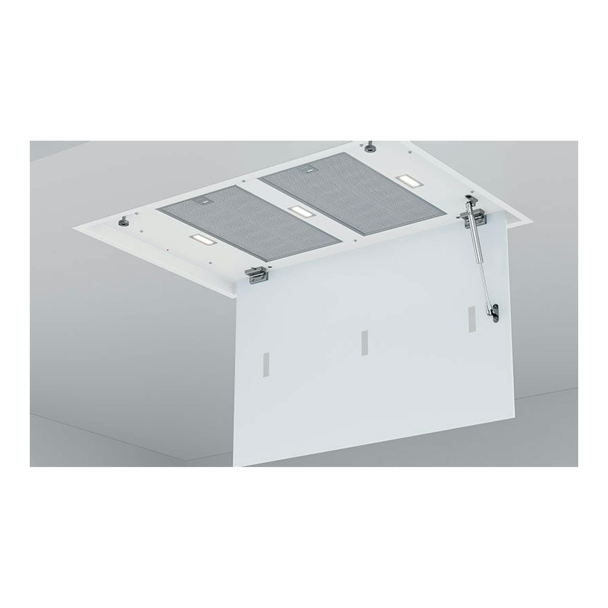 Campana de techo Teka DHT97670ROSWH blanca, vista inferior con panel abatido y filtros metálicos.