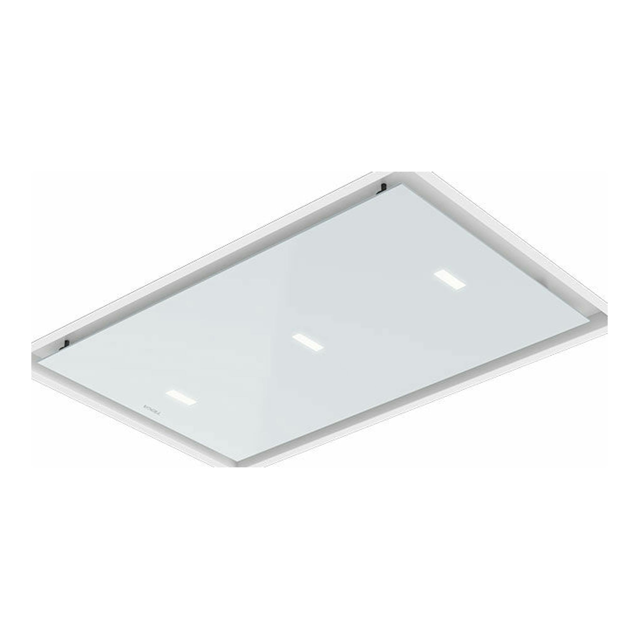 Campana de techo Teka DHT97670ROSWH blanca, vista en ángulo, rectangular, con panel de vidrio.