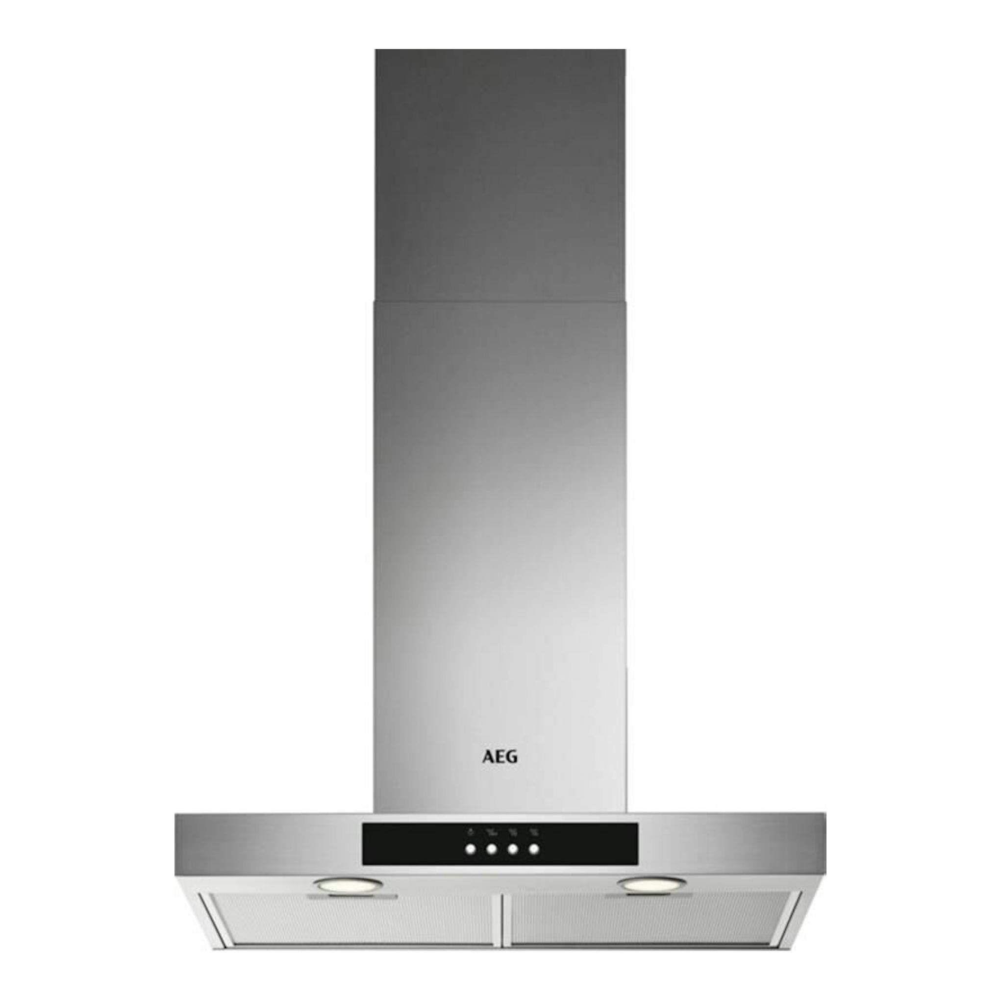 Campana decorativa AEG DBB3651M inox, vista frontal, con acabado en acero inoxidable y panel negro.