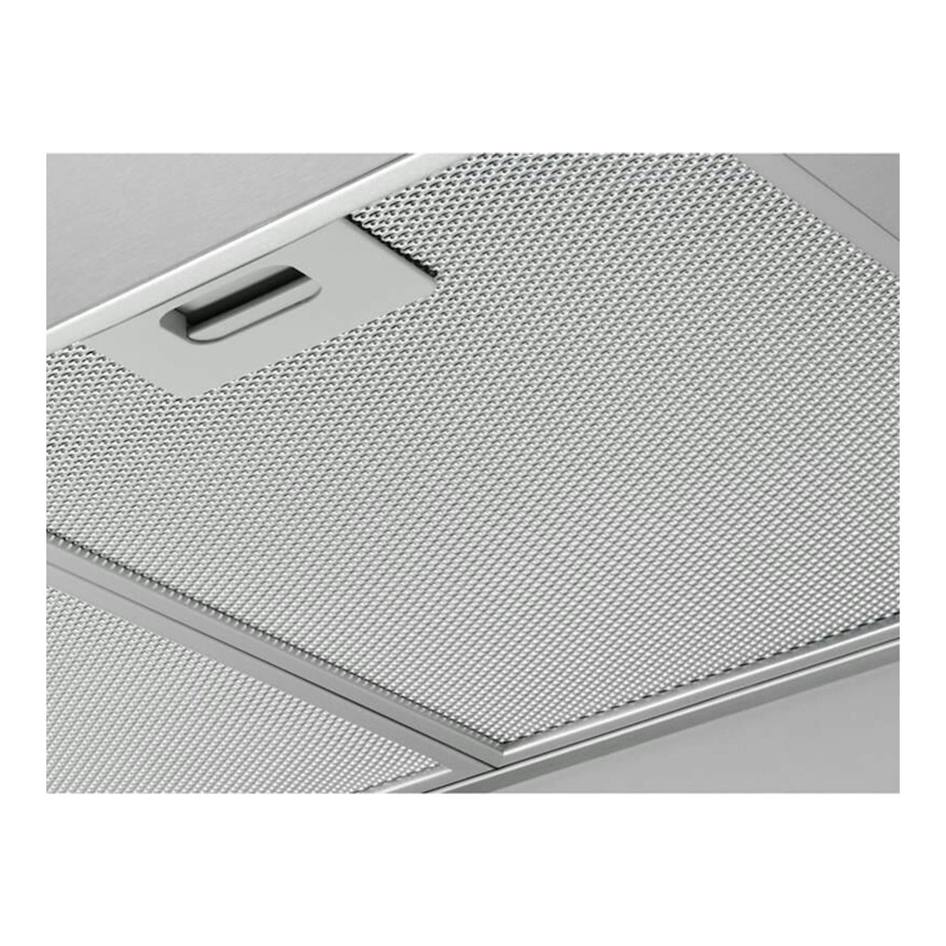 Campana decorativa AEG DBB3651M en inox, vista en primer plano de la rejilla y el panel inferior.
