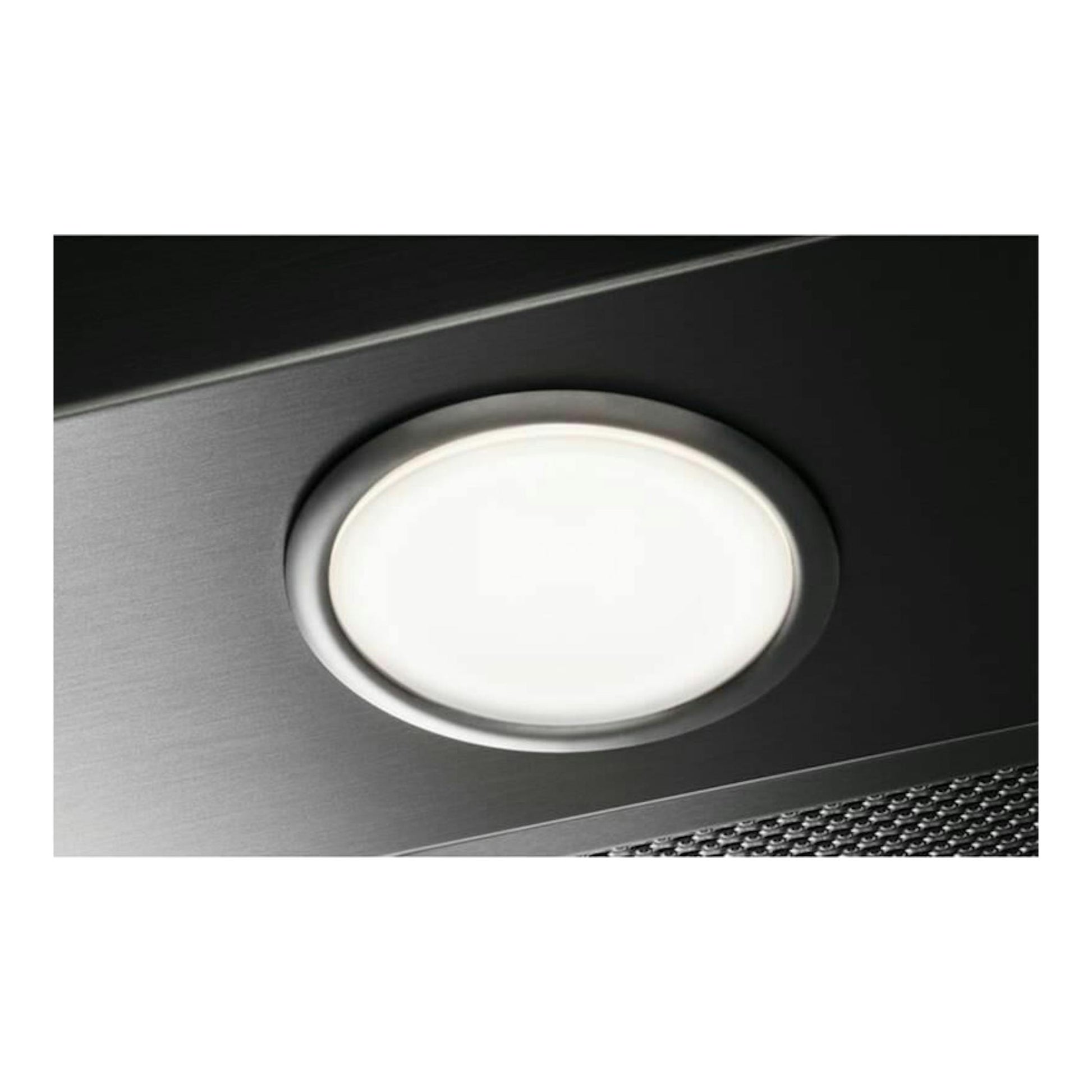 Campana decorativa AEG DBB3651M inox, primer plano de la luz redonda y la rejilla metálica.