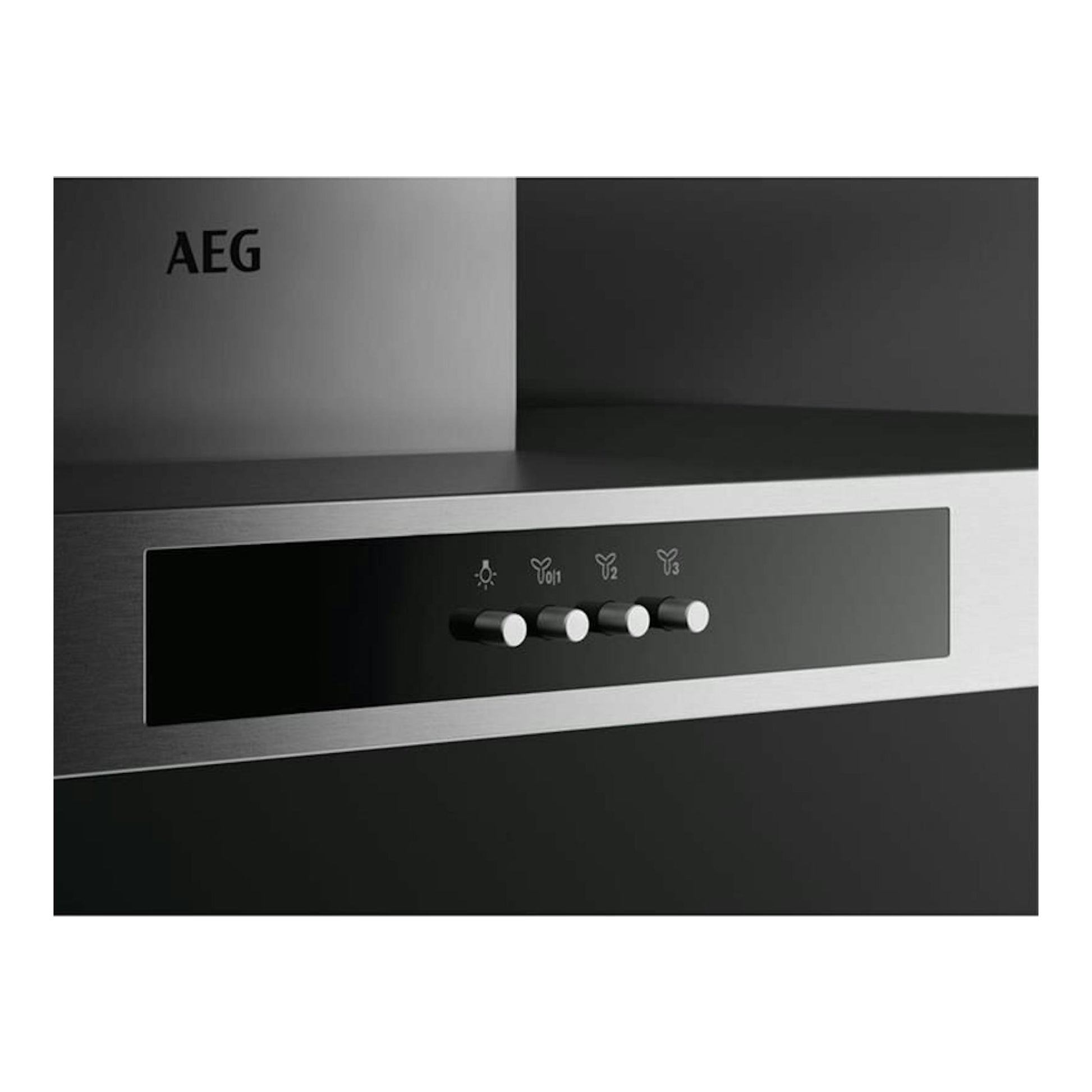 Campana decorativa AEG DBB3651M en inox, vista frontal, con panel negro y mandos de botones.