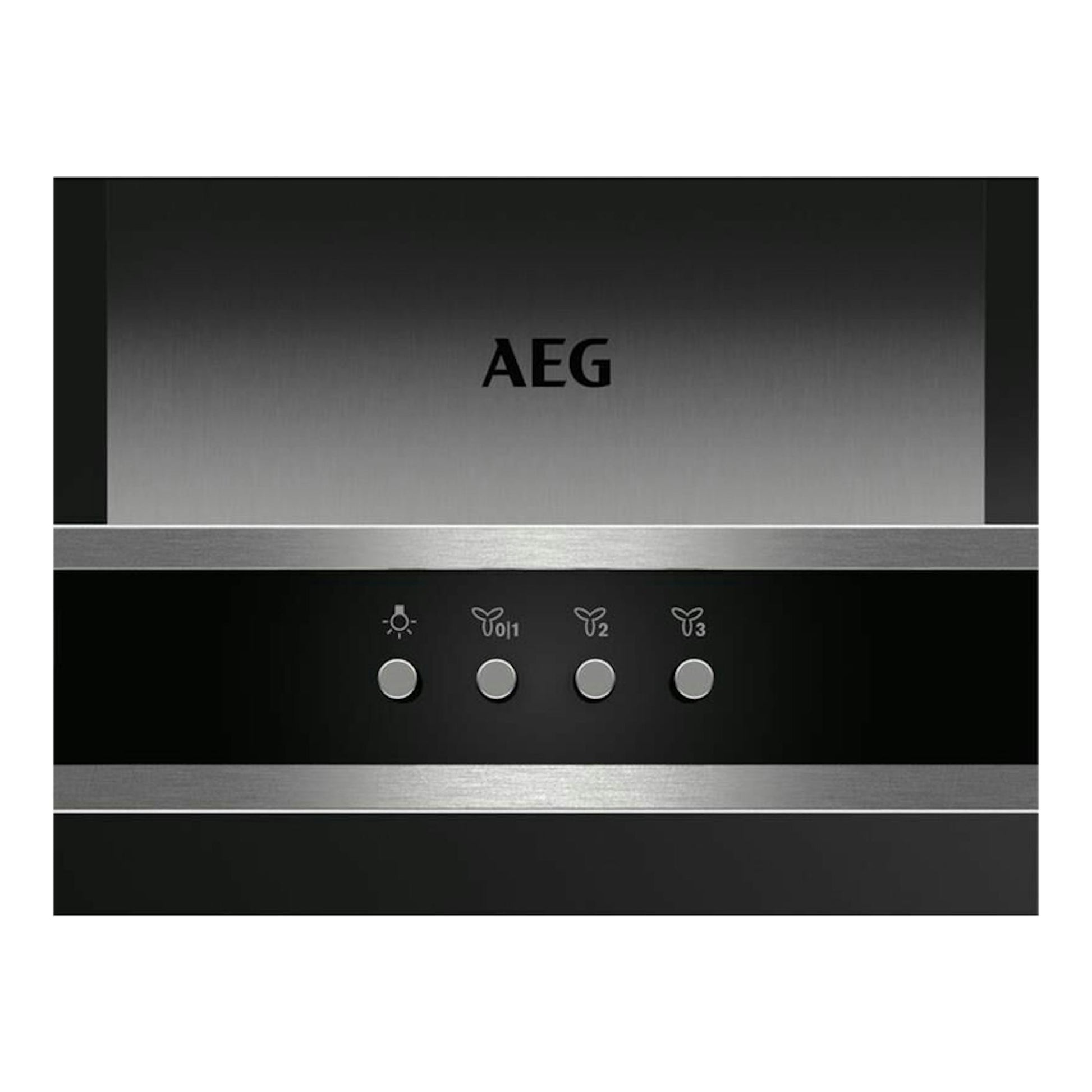 Campana decorativa AEG DBB3651M en acero inox, vista frontal, con panel negro y botones de control.
