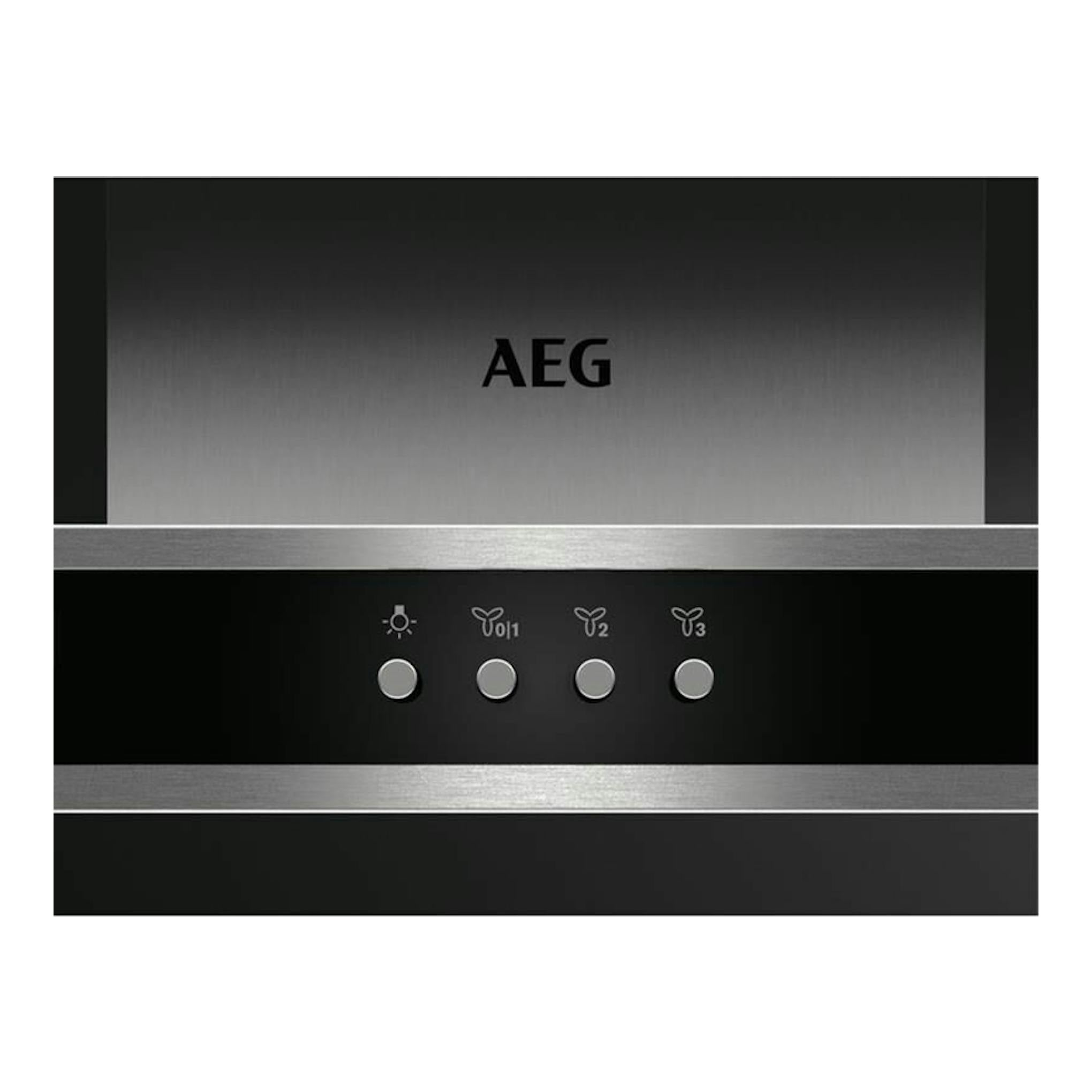 Campana decorativa AEG DBB3651M en acero inox, vista frontal, con panel negro y botones de control.