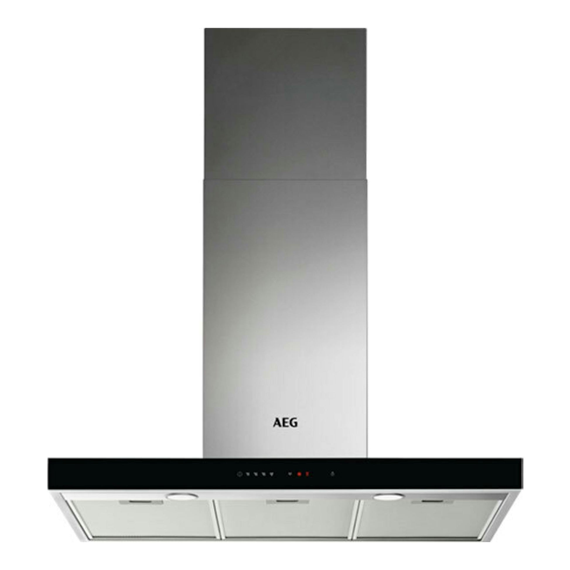 Campana decorativa AEG DBE5960HB inox, vista frontal, con cuerpo metálico y panel negro.