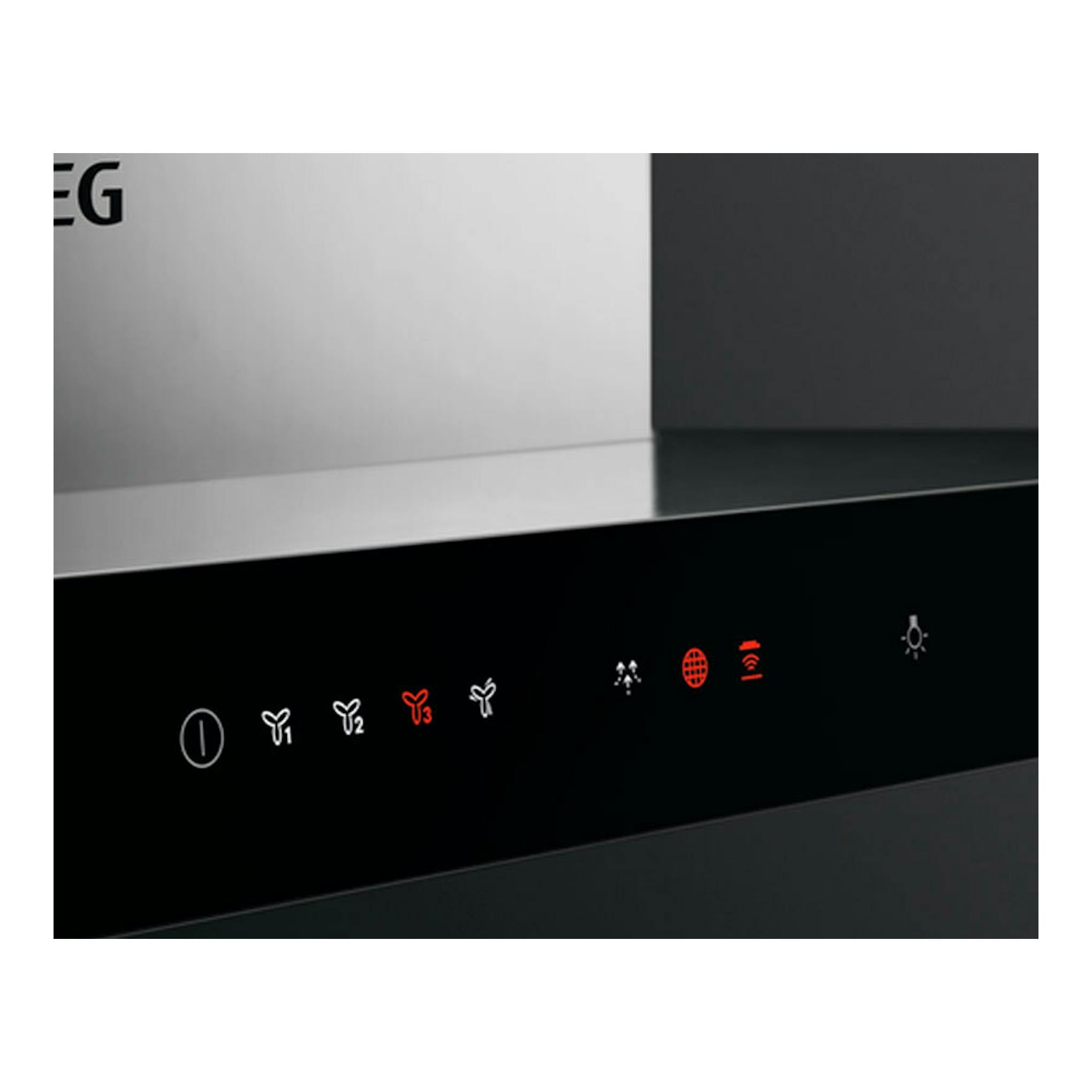 Campana decorativa AEG DBE5960HB inox, vista frontal del panel táctil negro con iconos iluminados.