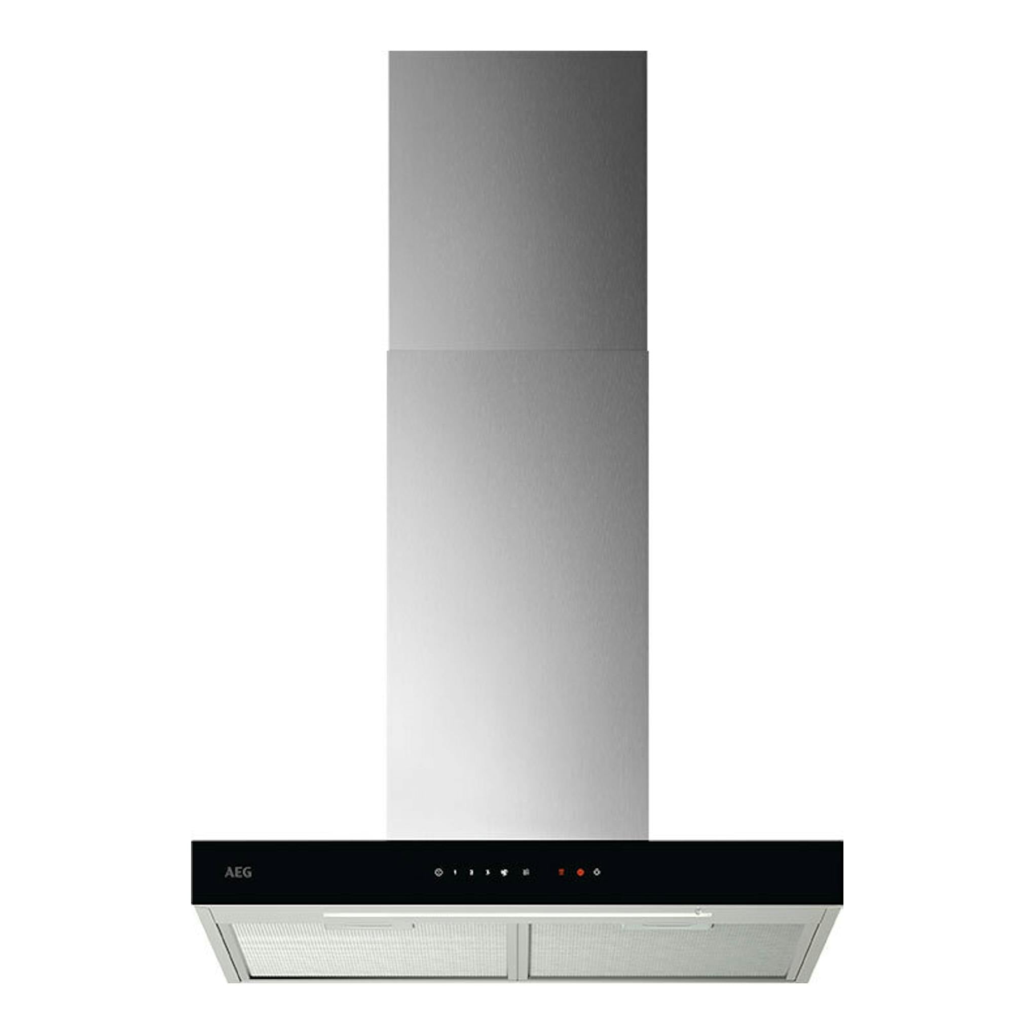 Campana decorativa AEG GB67D61HL de inox, vista frontal, con chimenea plateada y panel negro.
