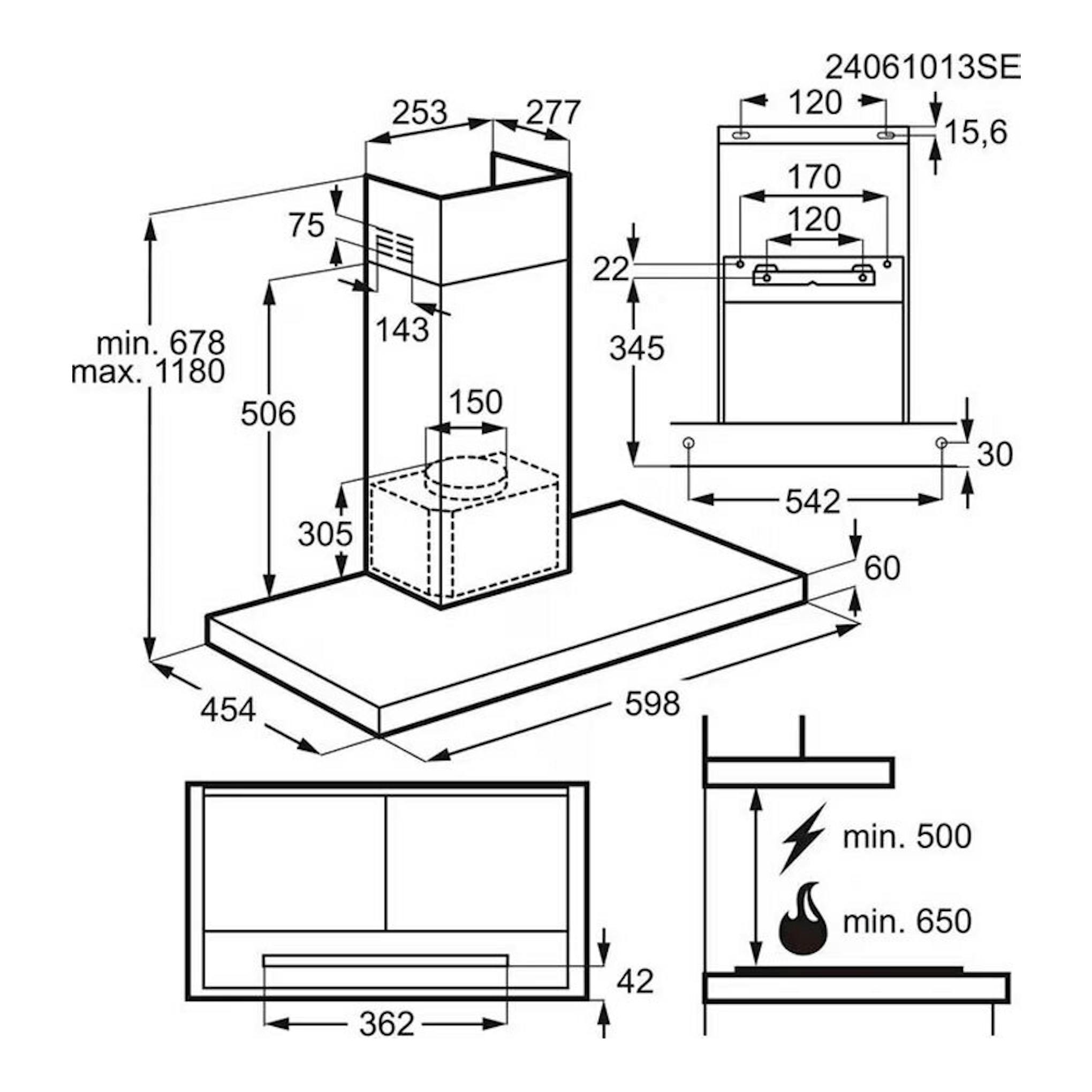 AEG GB67D61HL: esquema técnico de campana decorativa inox 60 cm con medidas y vistas frontal, lateral y superior.