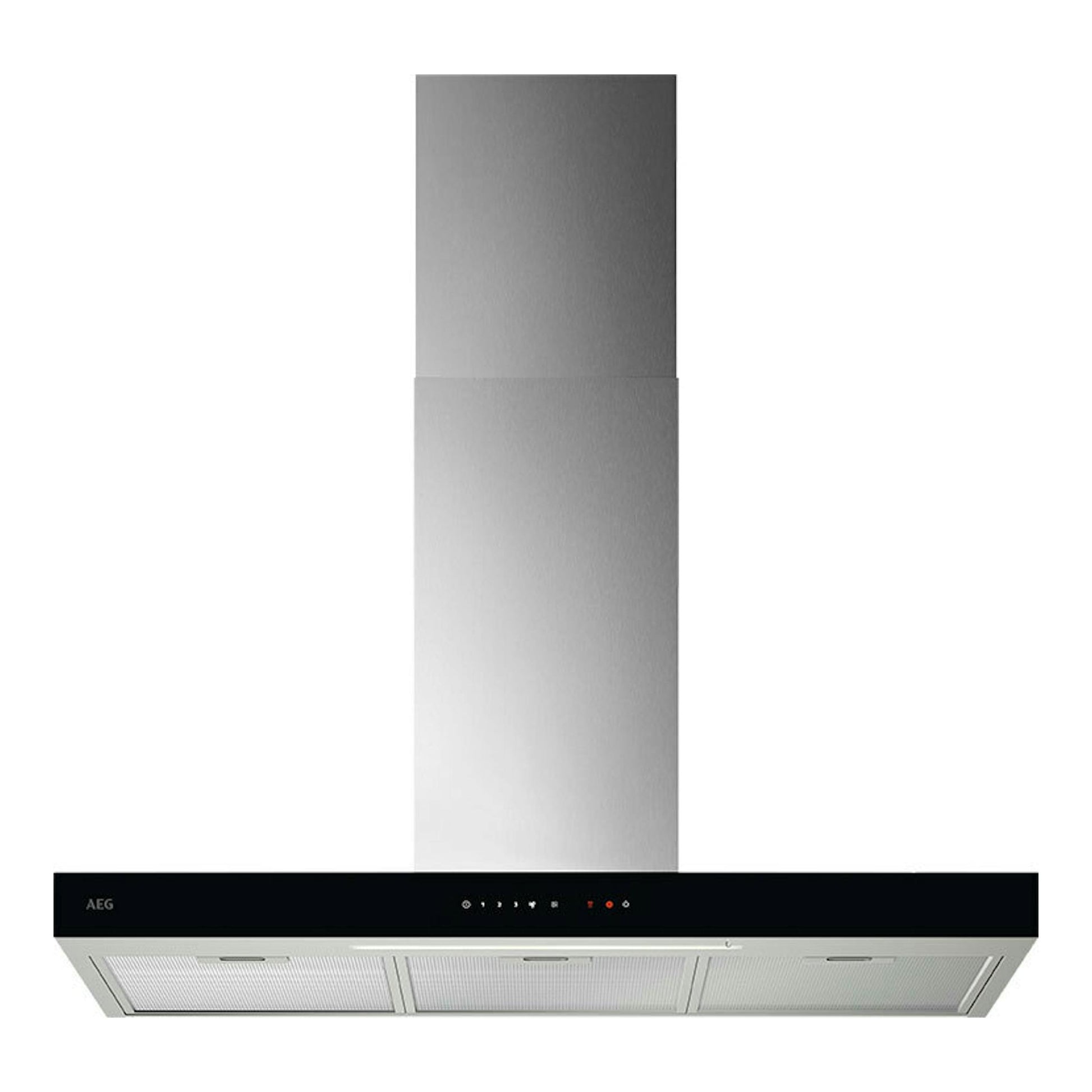Campana extractora decorativa AEG GB67D91HL en inox, vista frontal, 90 cm.