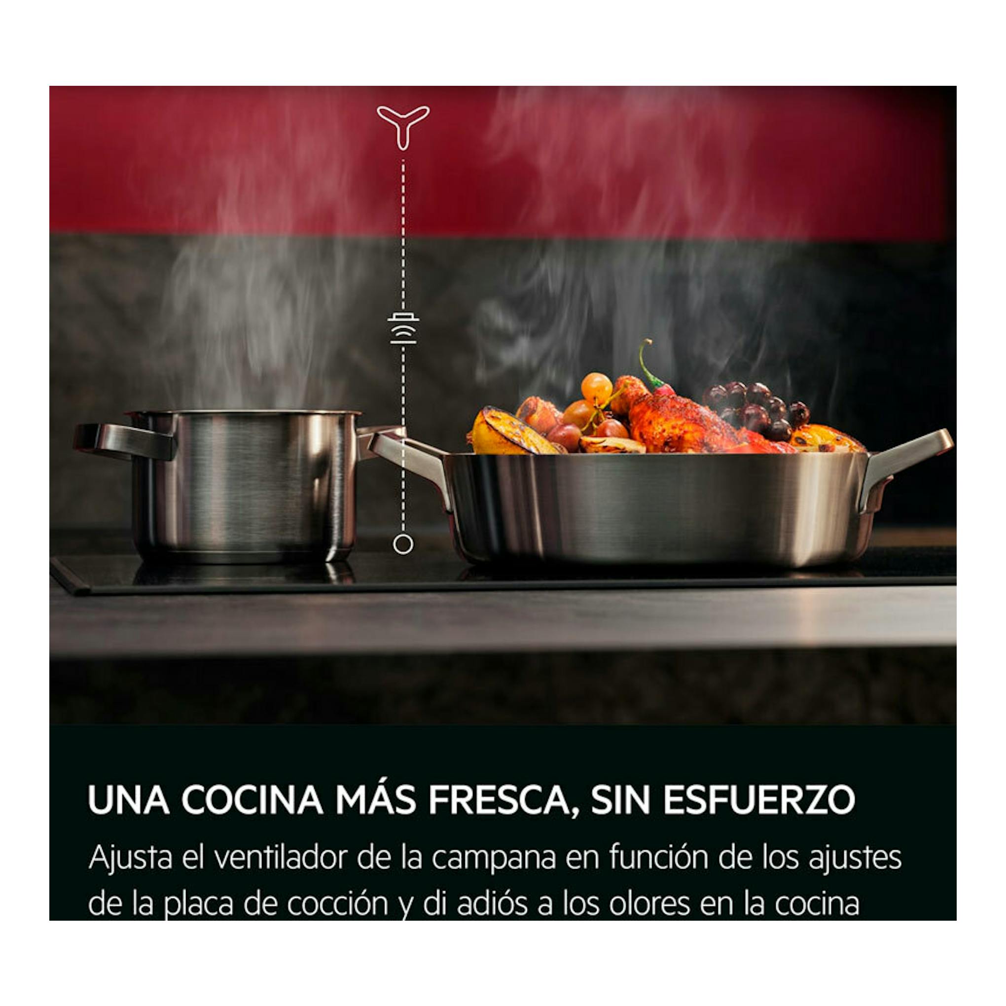 AEG GB67D91HL: vista frontal promocional con dos ollas de acero inoxidable, vapor y texto sobre una cocina.