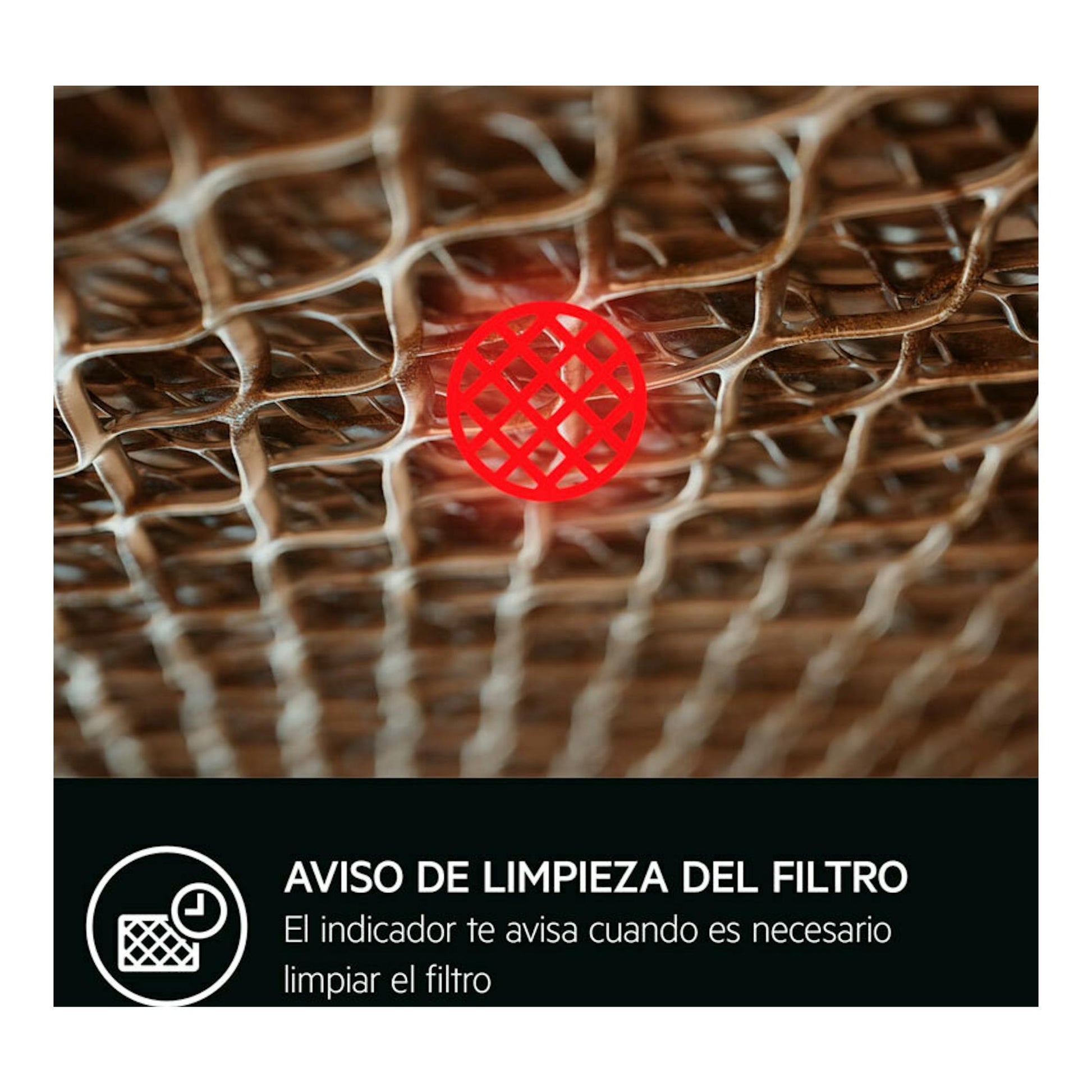 AEG GB67D91HL: detalle del filtro metálico con icono rojo y texto de aviso de limpieza del filtro.
