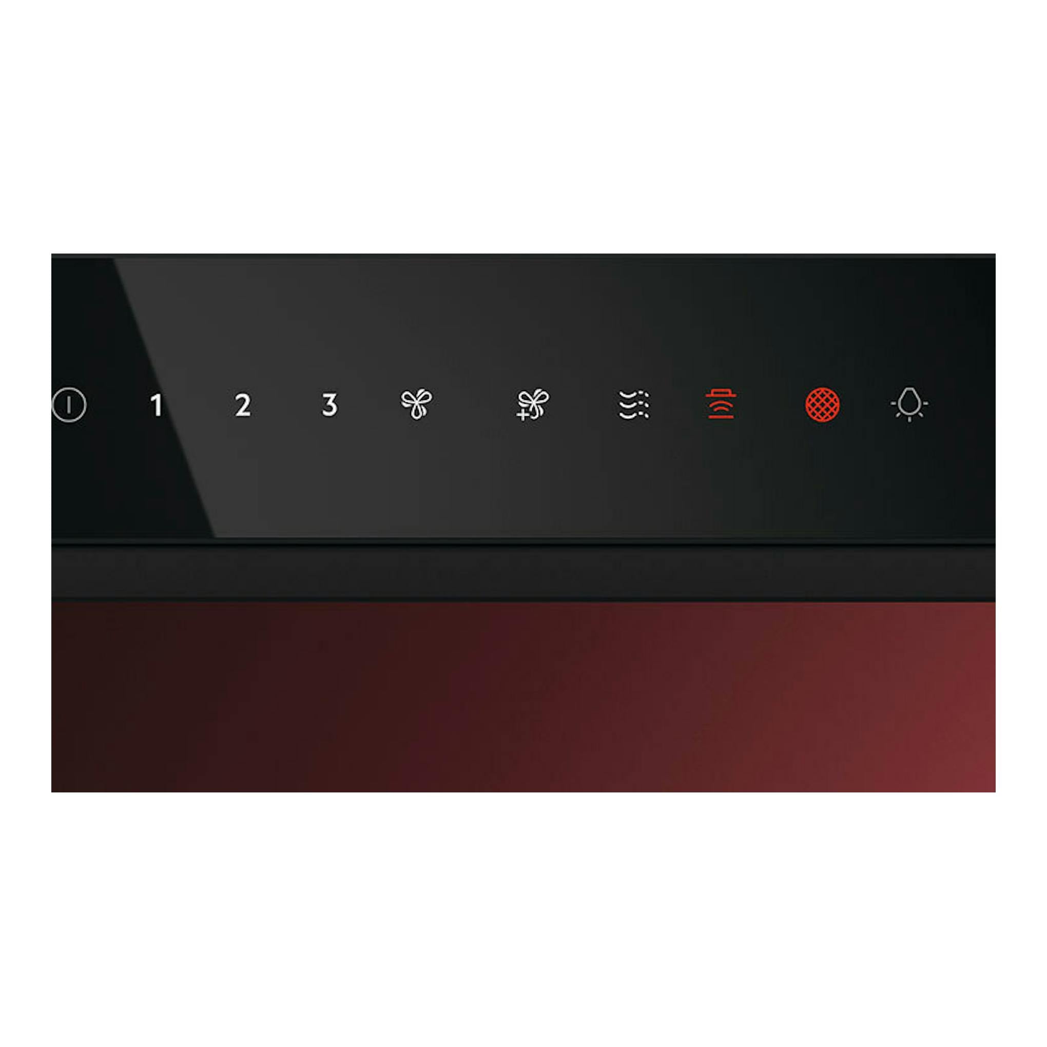 Campana decorativa AEG GB87D91CB negra, vista frontal del panel táctil con iconos iluminados.