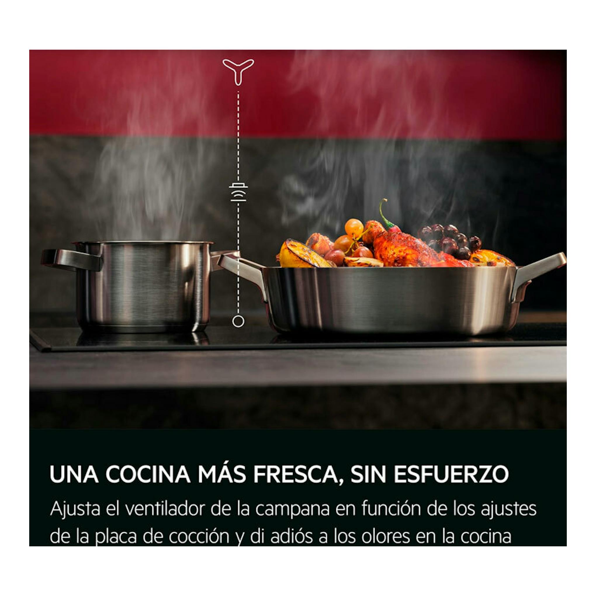 Imagen promocional de cocina con dos ollas de acero negro y vapor; aparece texto sobre campana AEG GB87D91CB.