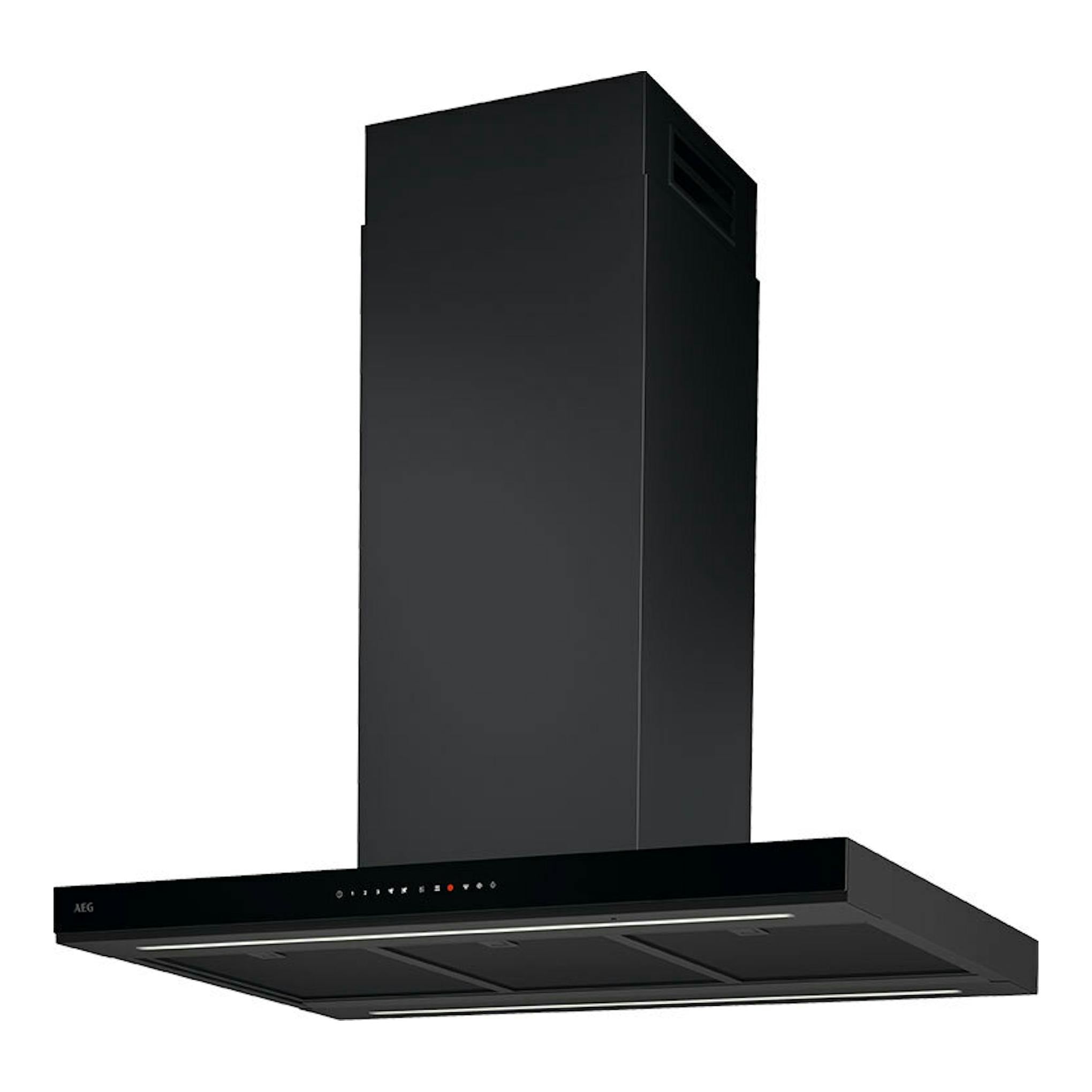 Campana decorativa AEG GI87D91CB negra mate, vista frontal en ángulo, 90 cm.