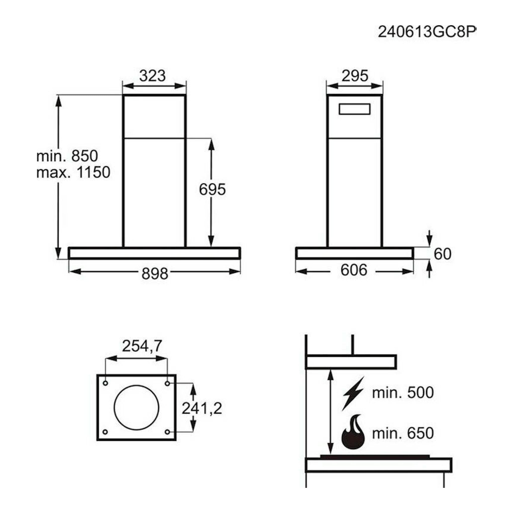 AEG GI87D91CB: plano técnico de campana decorativa negra, vistas frontal, lateral y superior con medidas.