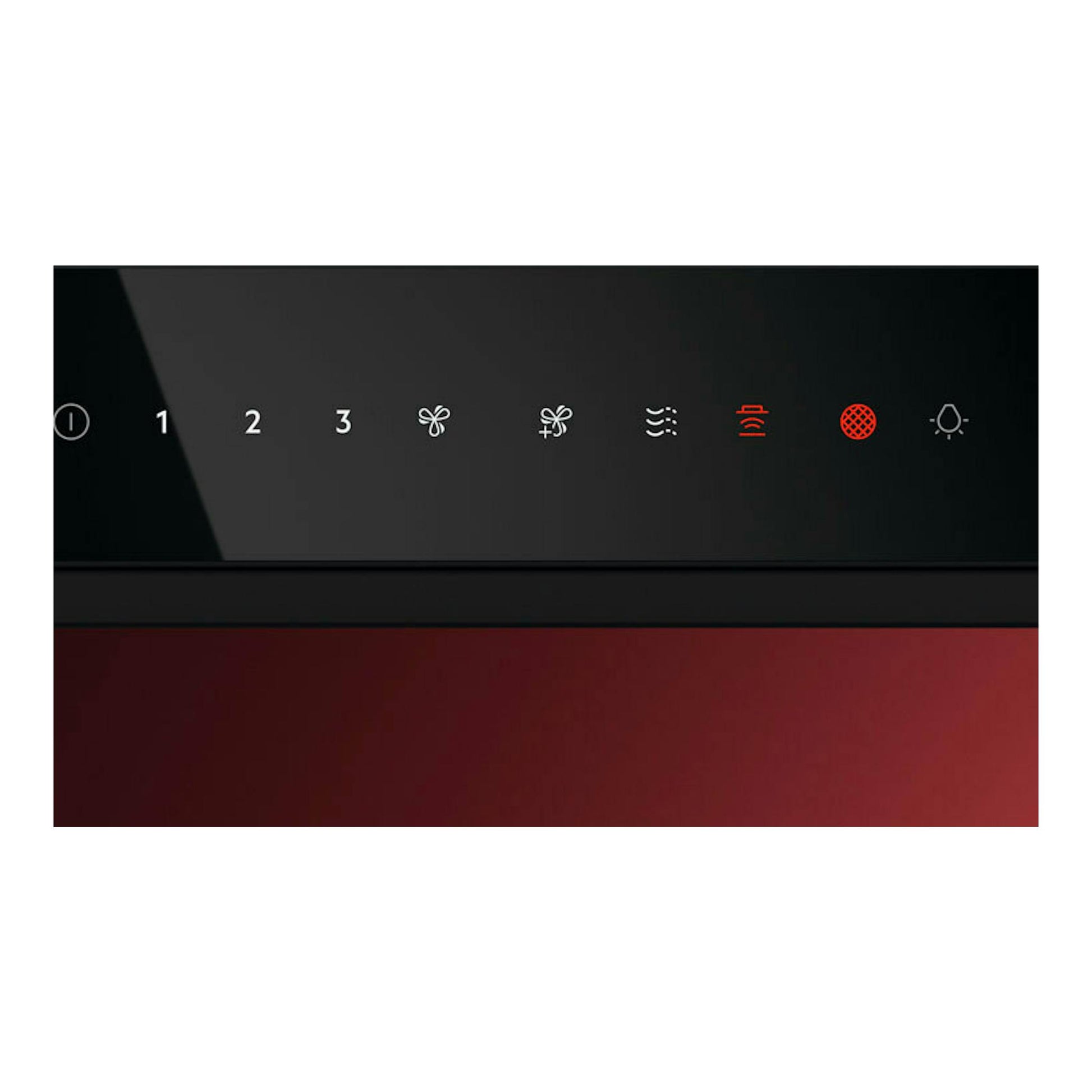 Campana extractora AEG GI87D91CB negra mate, vista frontal del panel de control táctil con iconos iluminados.